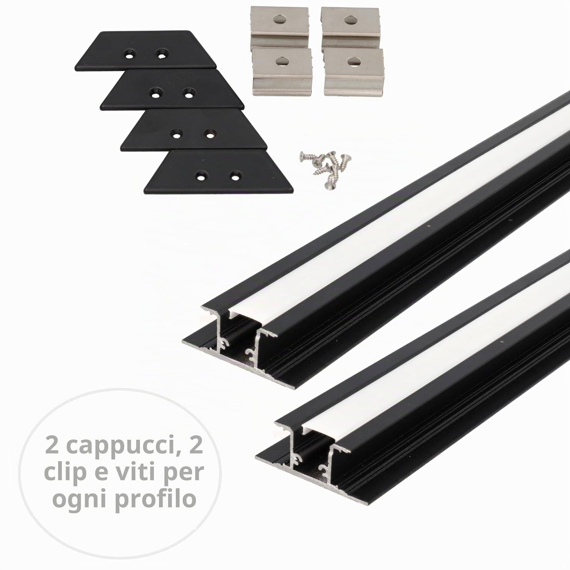 Jandei - Confezione da 4 profili Led Alluminio Nero 1 Metro per Montaggio a Doppia Striscia Led in Superficie, Diffusore Opale Bianco Traslucido. Con tappi finali, viti e staffe di montaggio