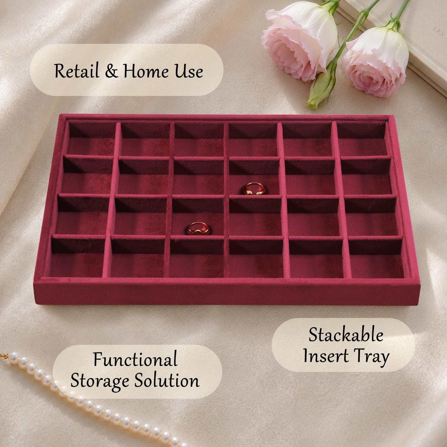 Stackable 24 Grid Jewelry Storage Velvet Tray for Rings Stud Earrings image 3
