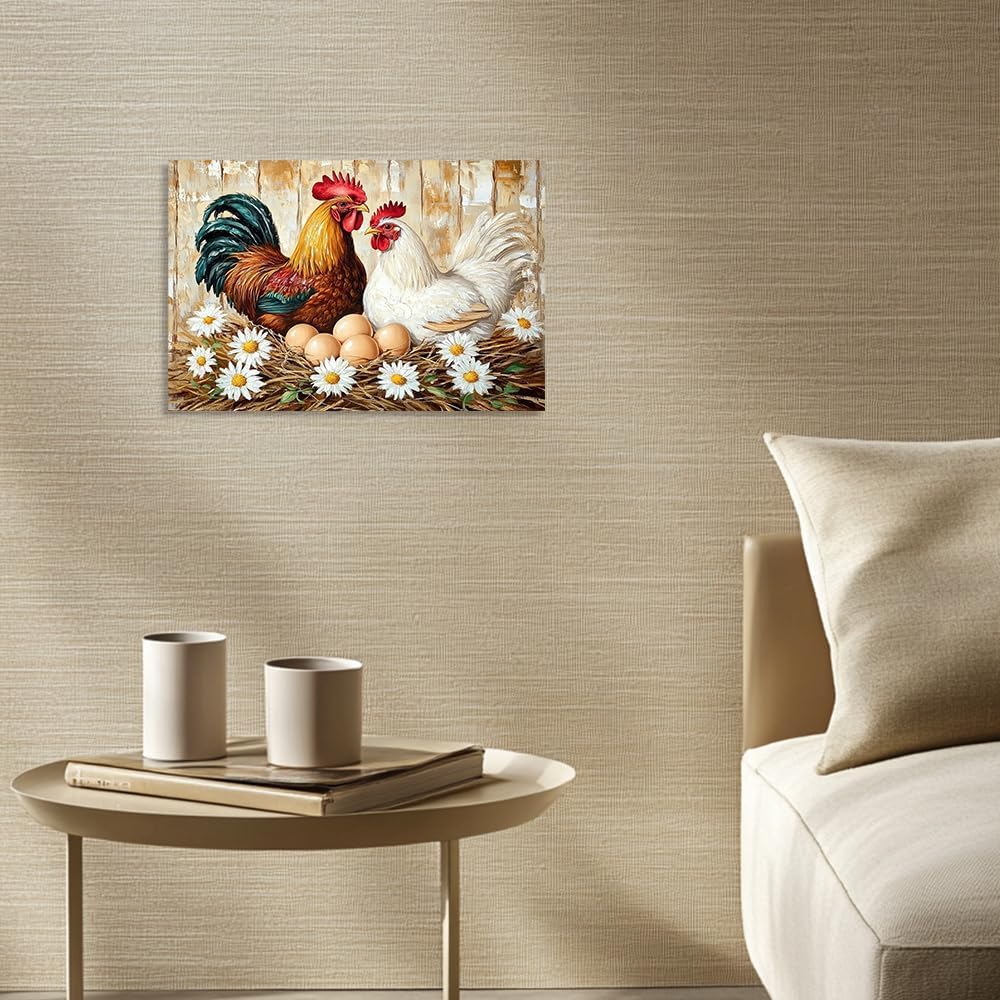 ANCROUTERY Farmhouse Chicken Pictures Wall Art Rooster Kitchen Decor Rooster Hen and Eggs Canvas Painting Rustic Farm Animal Poster for Home Wall Decor Framed 12"x18"