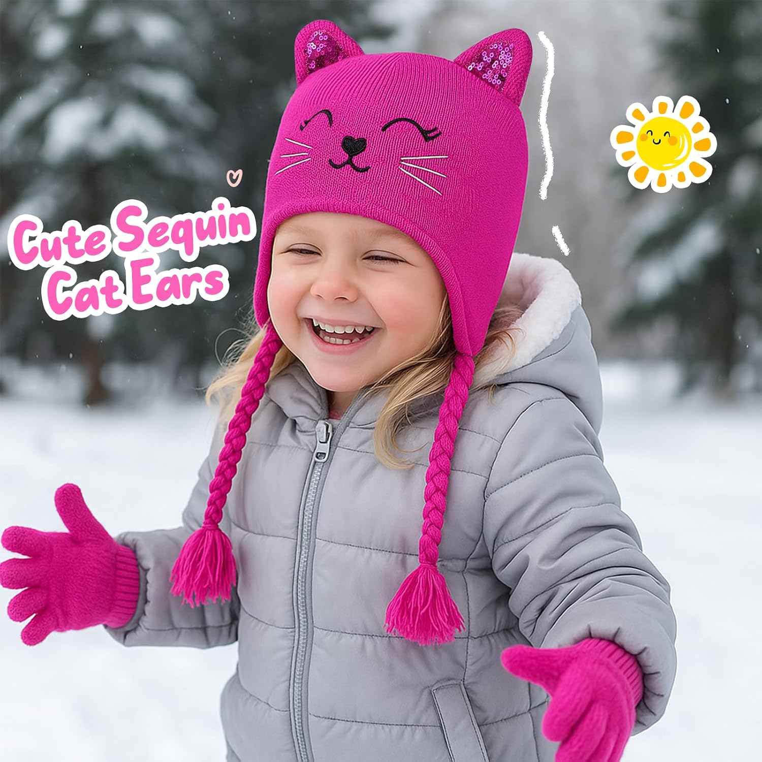 Girl Knit Cat Ear Beanie Hat and Glove Set Kids Winter Earflap with Braided Ski Skull Cap Mitten Set Age 3-7