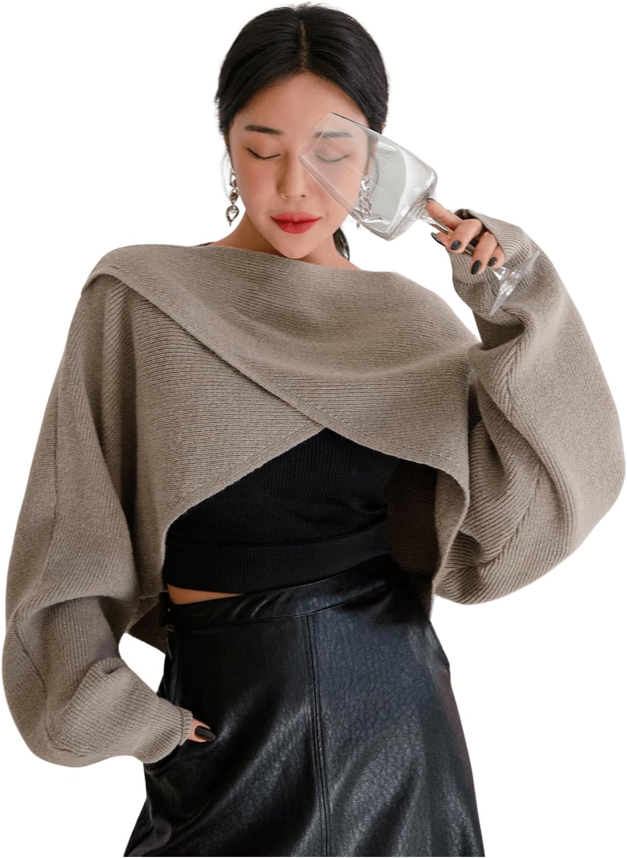 COZYEASE Women's Criss Cross Boat Neck Long Sleeve Crop Sweater Solid Casual Plain Sweater Coat