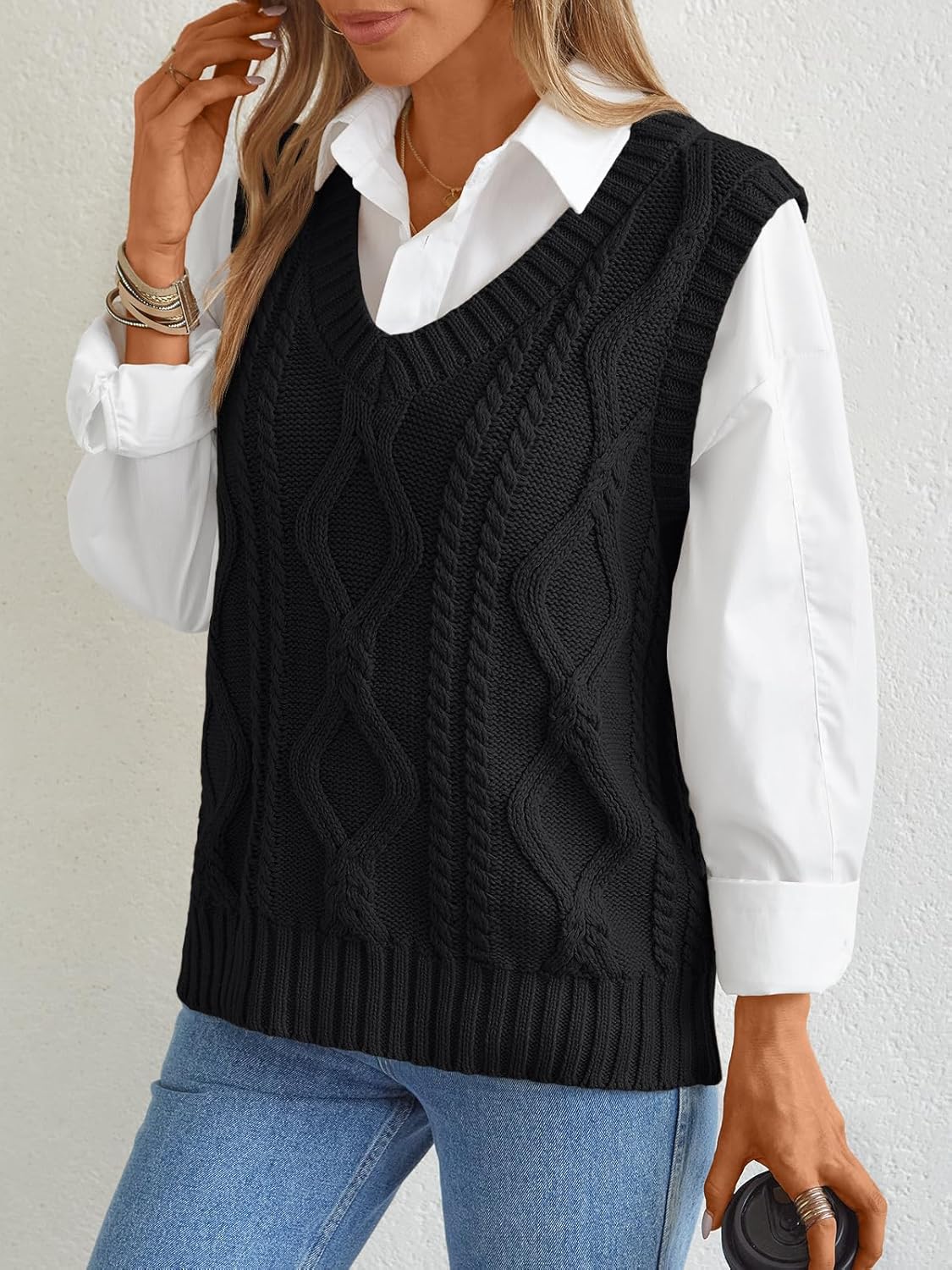 トレンディ クイーン レディース オーバーサイズ Vネック セーター ベスト ノースリーブ ケーブルニット カジュアル プルオーバー