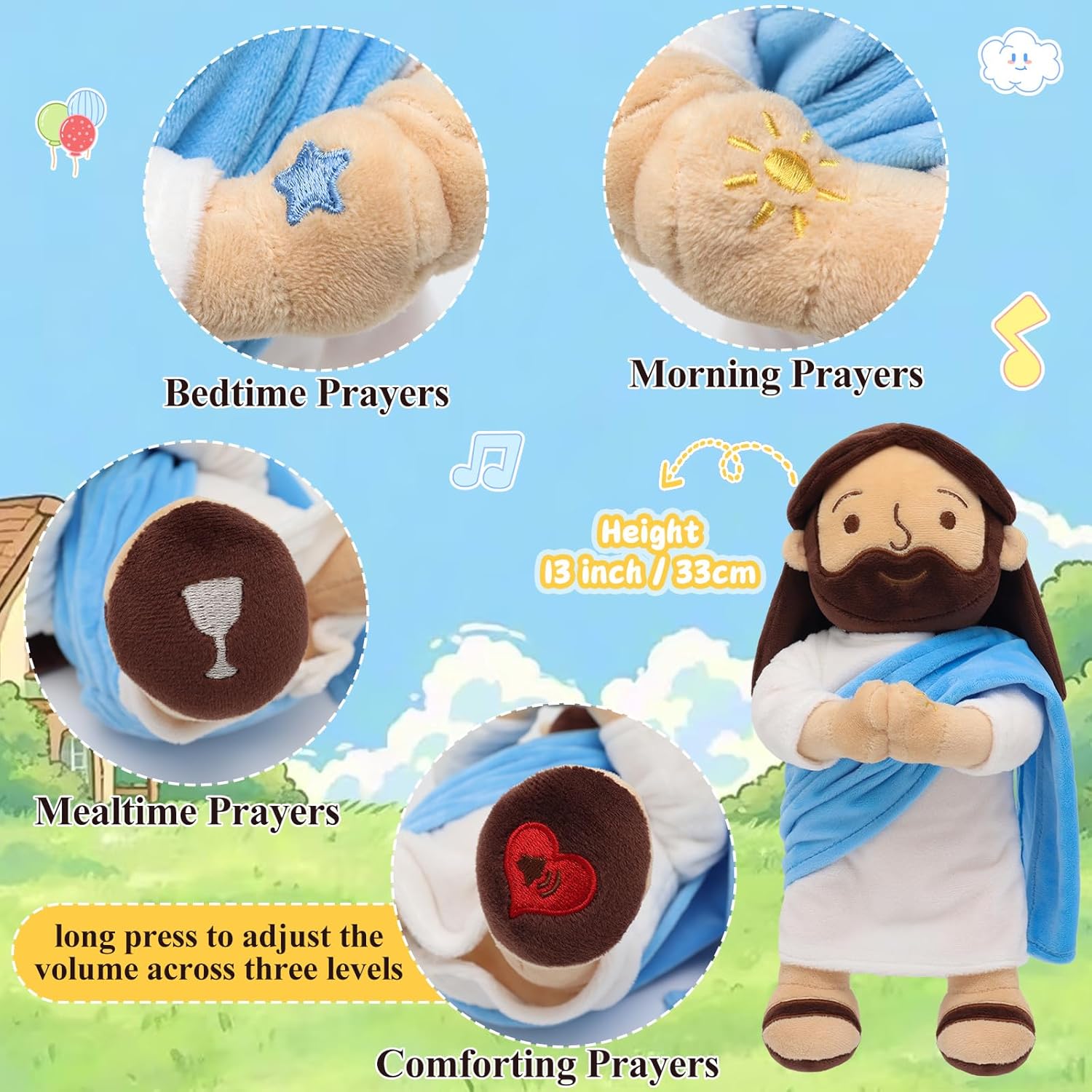 13" Praying Jesus Plush for Kids, Talking Jesus Doll for Church Easter Gift, Jesus Stuffed Doll for Sunday School Religious and Baptisms Favors-Speaks 12 Prayers & 3 Songs