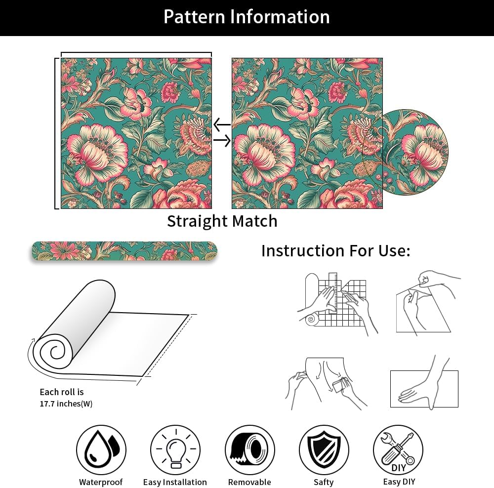 18"x236" Teal Blue Pink Vintage Flower Peel and Stick Self Adhesive Wallpaper Removable Contact Paper Stick on Easy Peel Off Wall Paper for Kitchen Bedroom Bathroom Renter