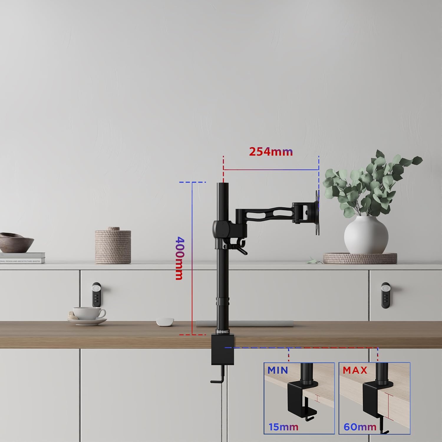 Duronic Single Monitor Arm Stand DM351X2 | Single PC Desk Mount | Black | Aluminium | Adjustable | for One 13-27 inch LED LCD Screen | VESA | 22lbs Capacity | Tilt +15°/-15° Swivel 180° Rotate 360°