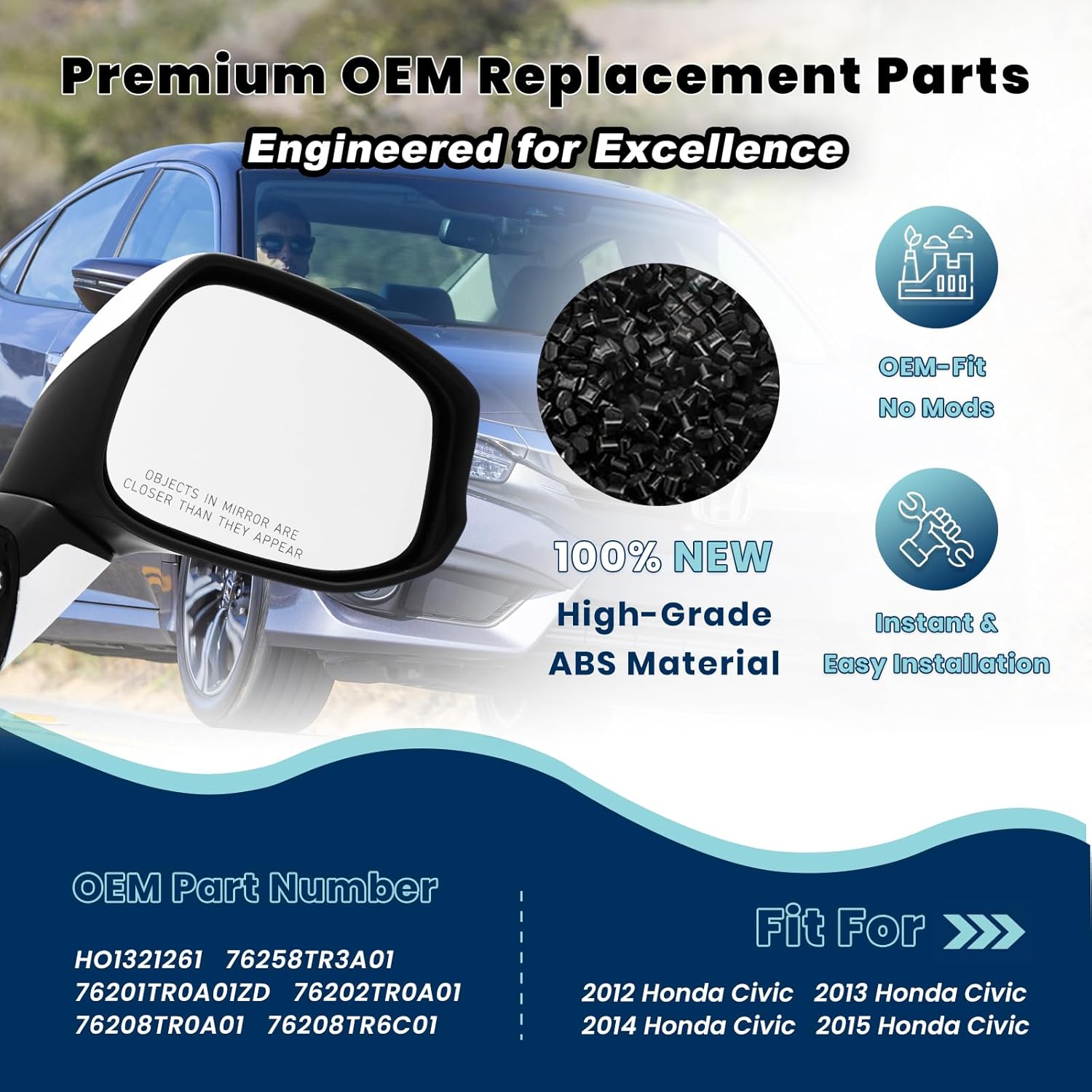 Right Passenger Side Mirror For (2012 2013 2014 2015) HONDA CIVIC with Power Mirror Manual Folding丨Without Turn Signal Light Non-Heated Match to White Replace#76202TR0A01(3 Pins)