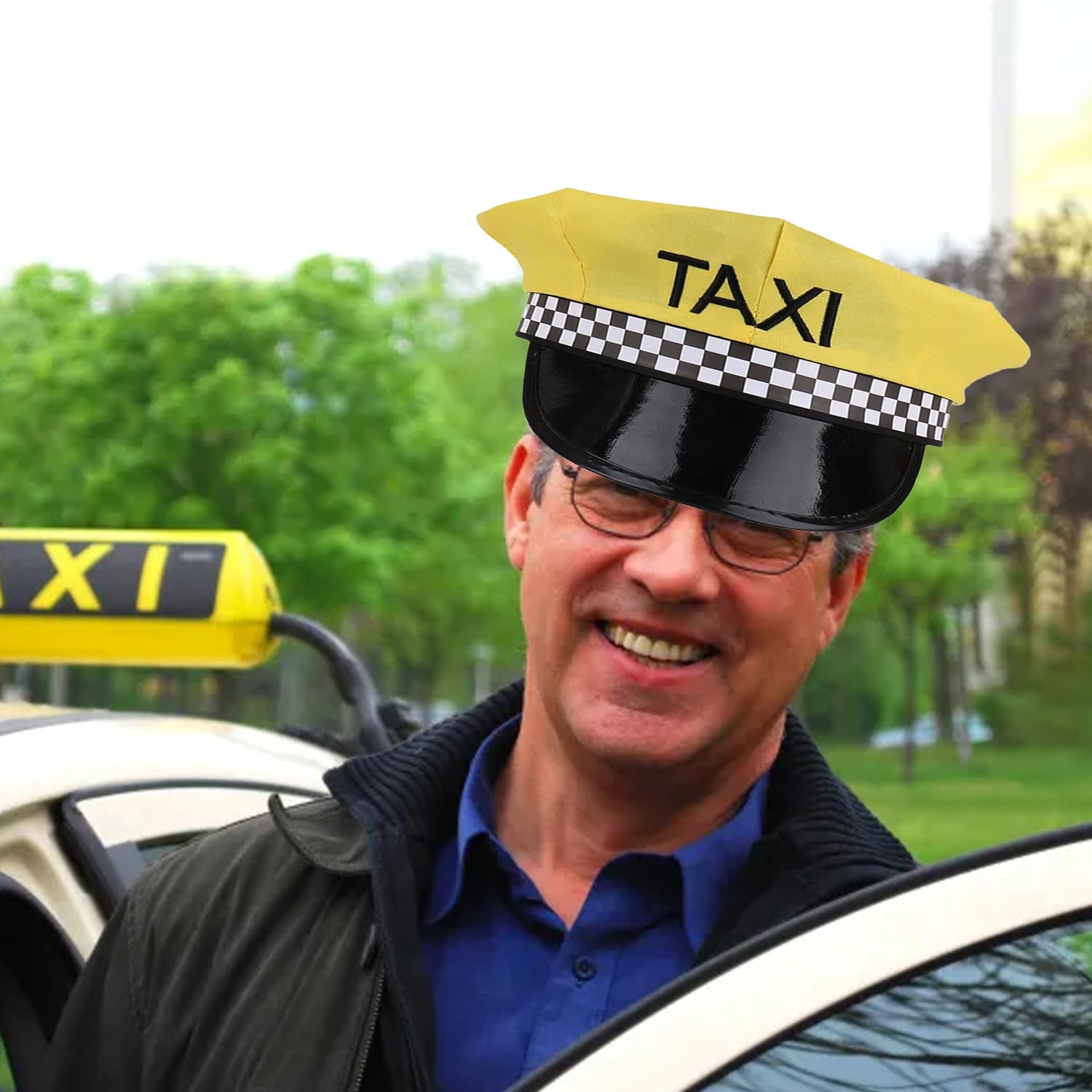 RmKbe 3pcs Chauffeur Costume Yellow Taxi Hat Sunglasses Gloves Driver Festival Cap Driver Halloween Cosplay Accessories for Men Women - Image 4