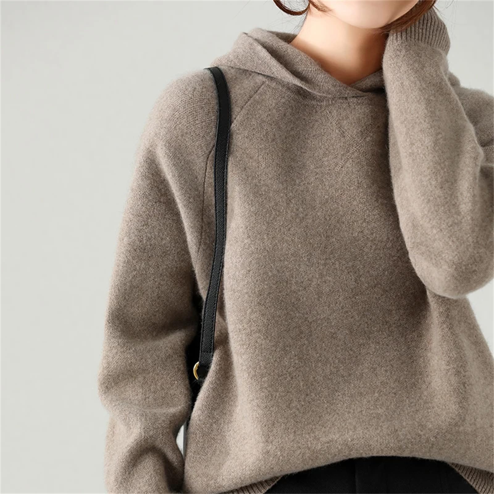 Yeuyyben Maglione da donna in cashmere con cappuccio a maniche lunghe pulsante inverno ispessimento caldo maglia top femminile, Colore caffè., L