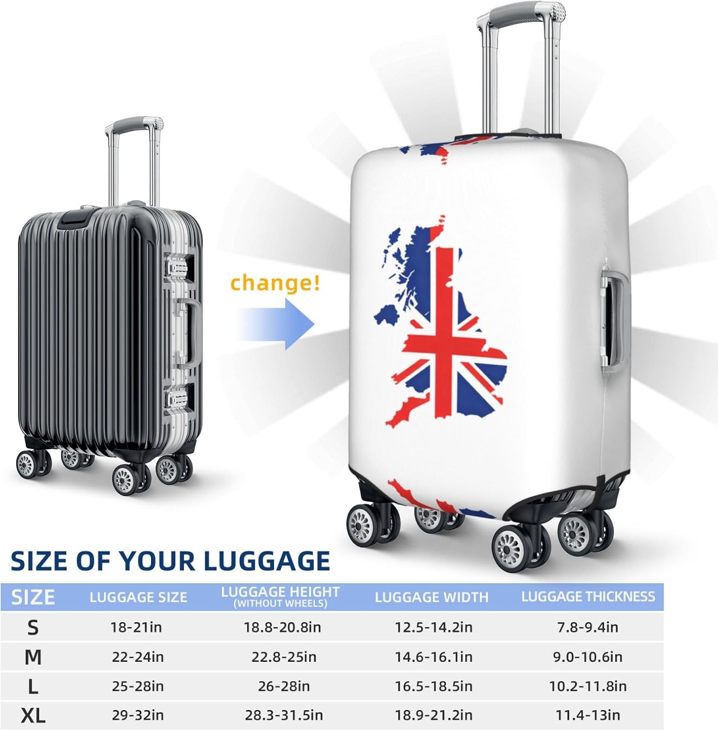 Eng MapFlagprint Premium Suitcase Cover | Durable Polyester Elastic Luggage Cover With Zipper & Buckle, Travel Suitcase Protector For Medium Large Bags