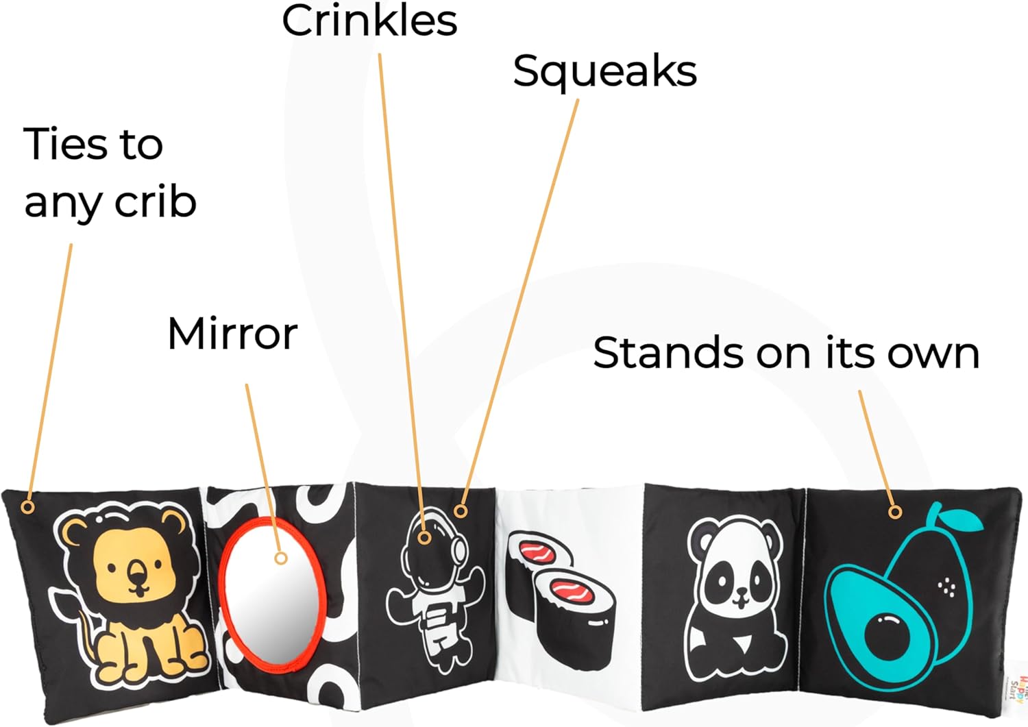 The Happy Start High Contrast Baby Book & Flash Card Set – Tummy Time Sensory Toys with Plush Crinkle Book, Mirror, Self-Standing Board Book & Language Cards – Ages 0+, BPA-Free