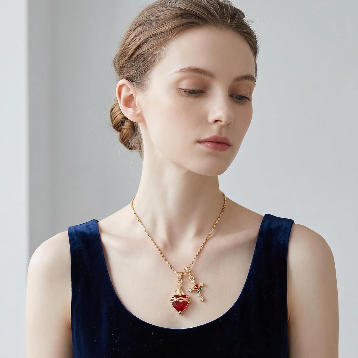 Red Sacred Heart Cross Necklace for Women, 14K Gold Plated Pendant Jewelry
