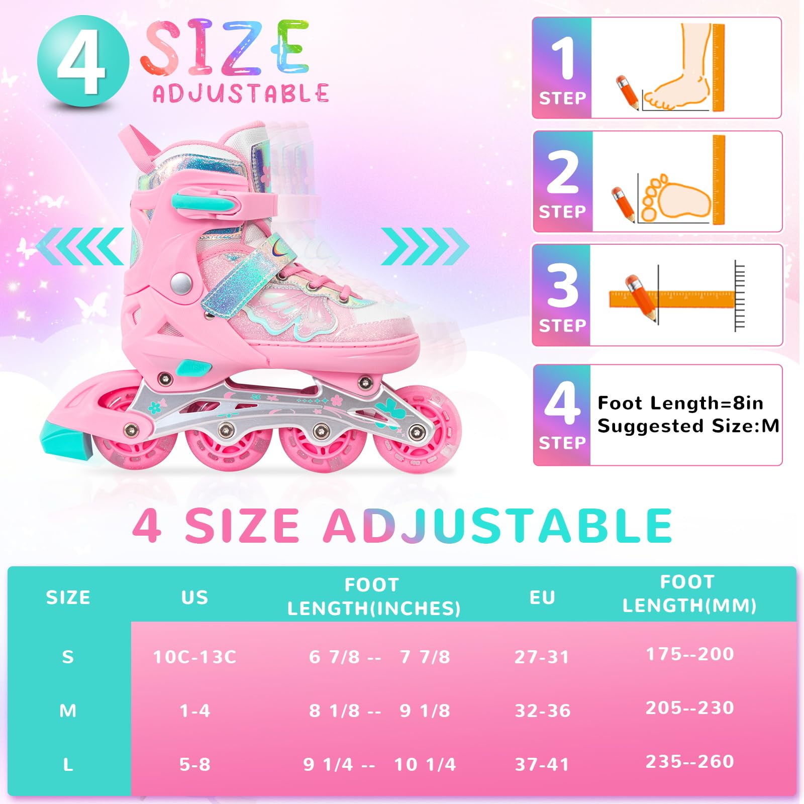 Nattork Patins à roues alignées pour filles et garçons – Lames rose cyan pour enfants de 8, 9, 10, 11 ans – Toutes roues lumineuses réglables pour sports d'intérieur et d'extérieur, cadeau