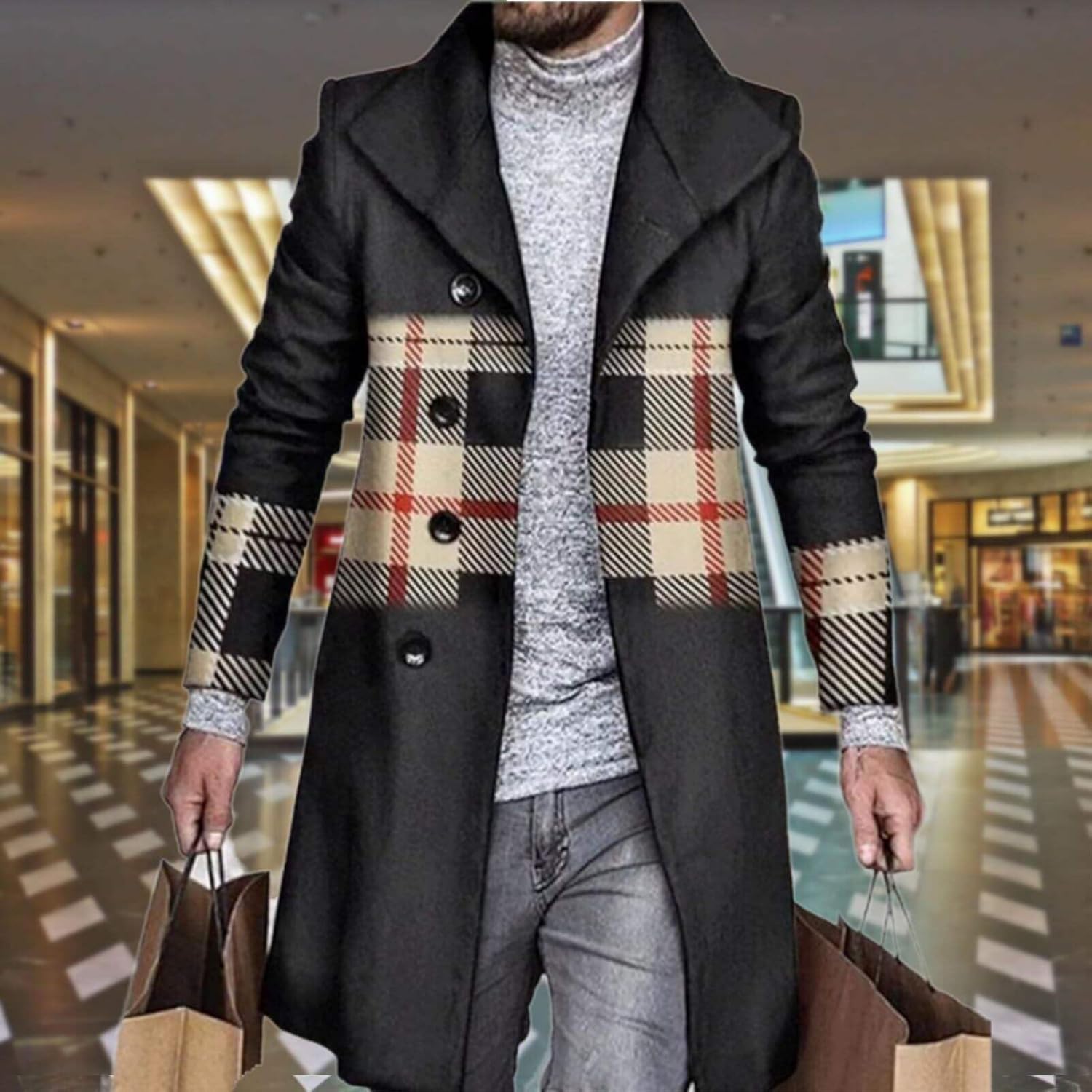 Men's Plaid Long Trench Coat Mid - Length Lapel Collar Button Down Warm Overcoat for Winter & Autumn Fashion - Image 3
