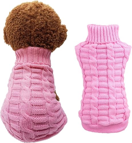 Wiz BBQT - Suéter de punto trenzado con cuello alto para perros y gatos (rosa, S
