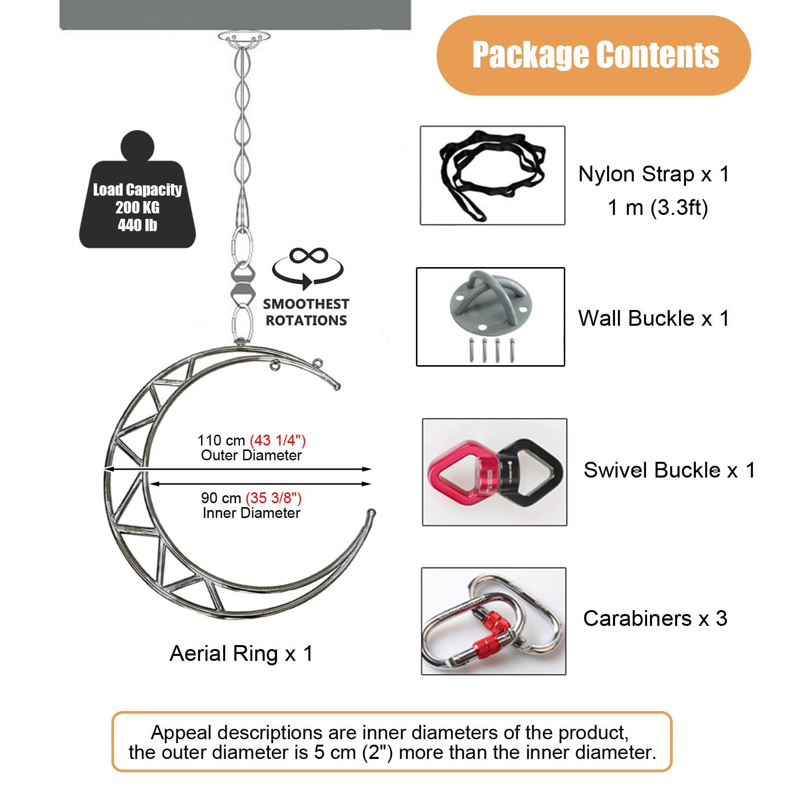 Kunovo Moon Shape Aerial Hoop Set, Stainless Steel Lyra Hoop Equipment, 360° Swivel Aerial Dancing Ring for Aerialists/Performer, Maximum Load 440 lbs