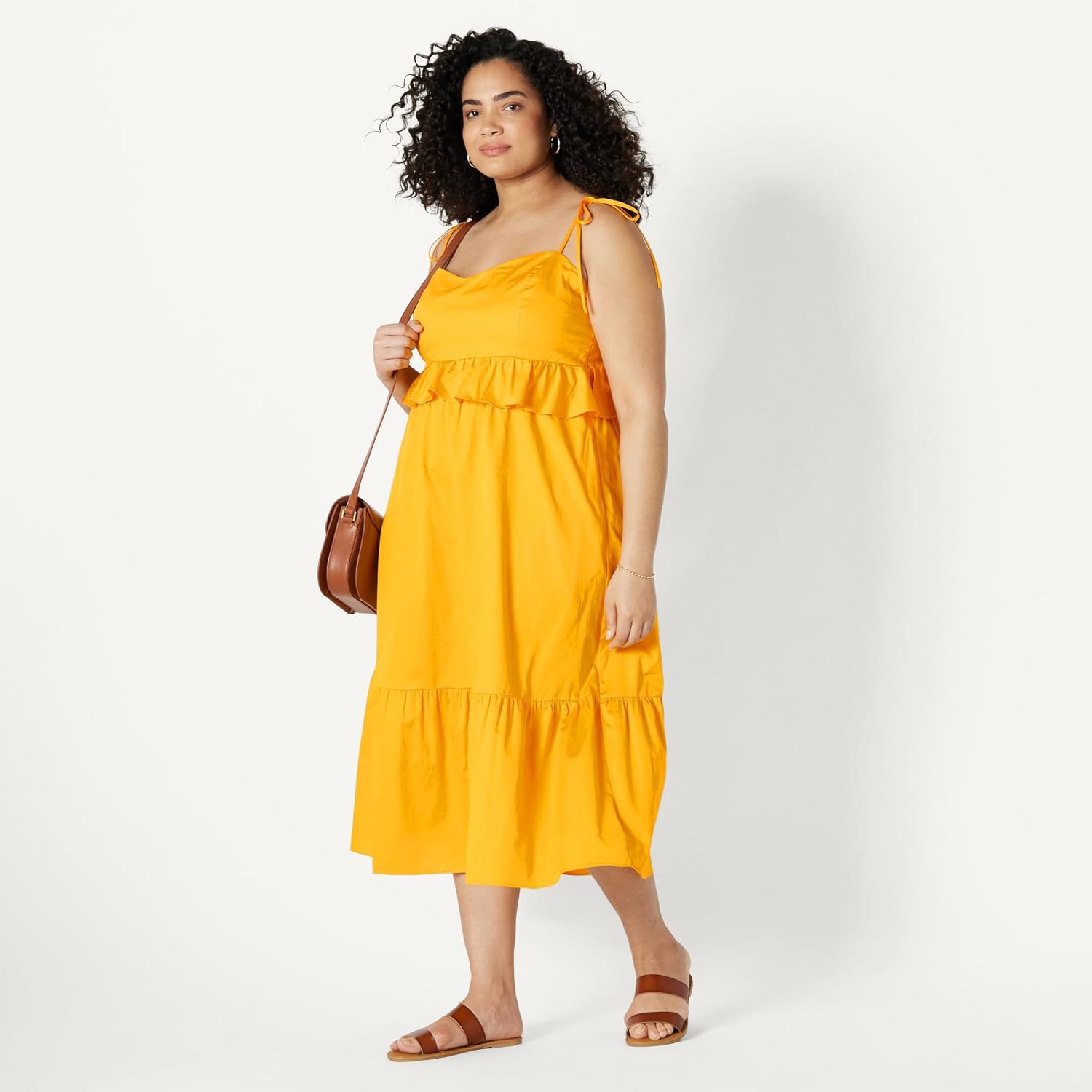 Amazon Essentials Women's Fit and Flare Cotton Sateen Empire Waist Midi Ruffle Dress