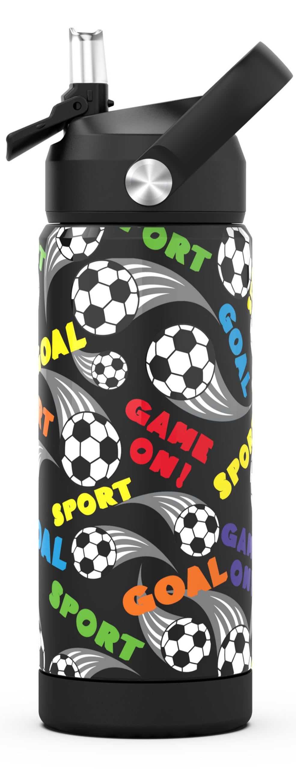 ntskood Boys Soccer Water Bottle for School，Kids 18 oz Insulated Stainless Steel Cup with Straw, Double-Wall Vacuum Leakproof