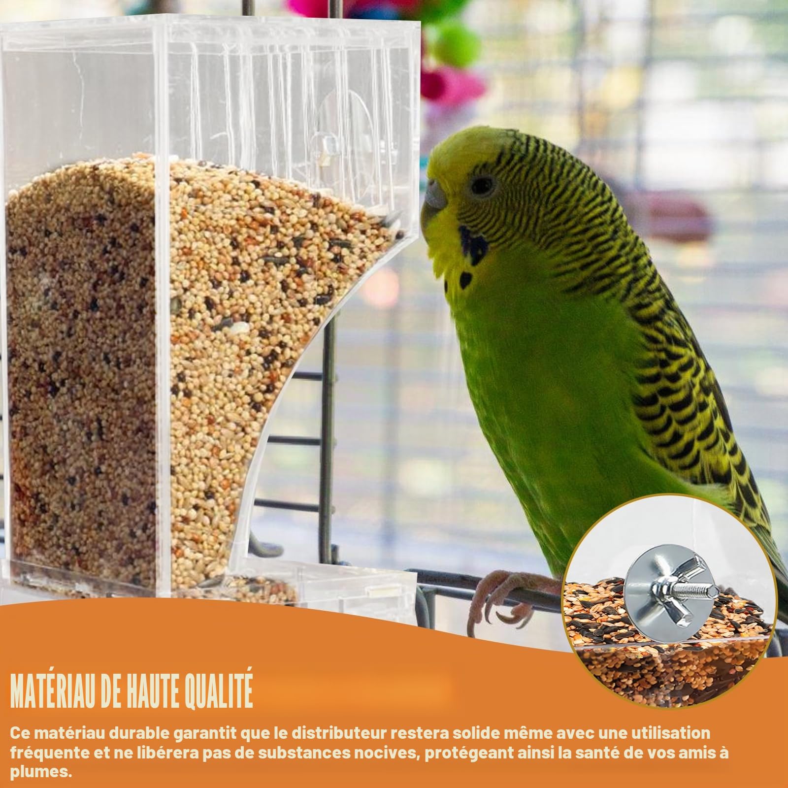 Distributeur automatique de nourriture pour oiseaux et distributeur d'eau : distributeur de nourriture transparent à suspendre pour oiseaux et distributeur d'eau pour perruches, calopsittes, canaris