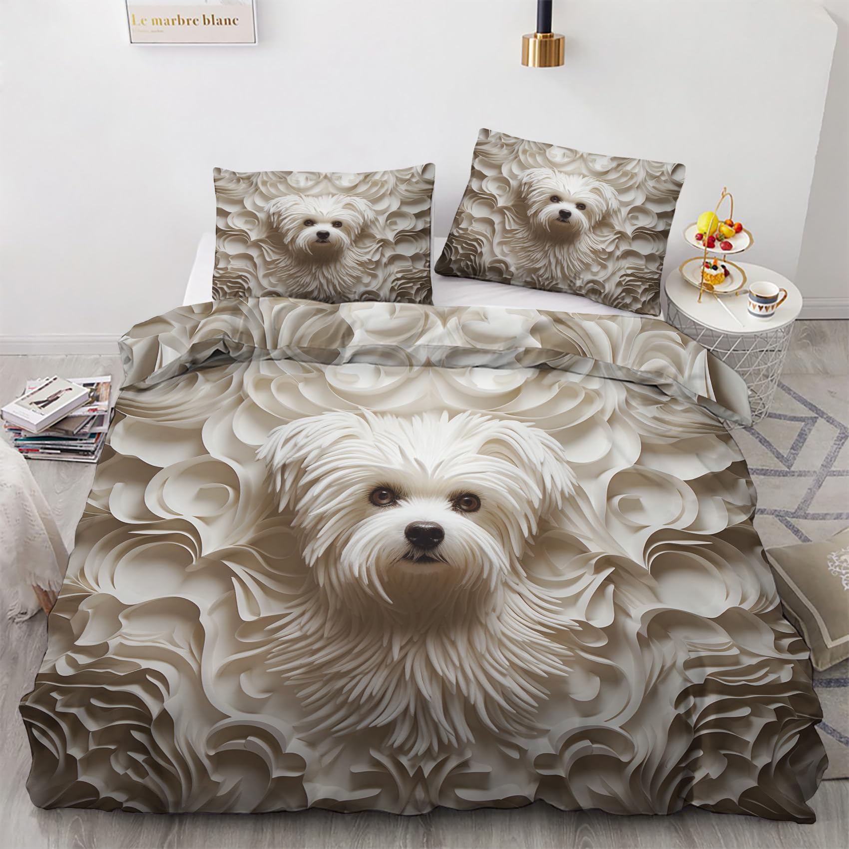 Housse de Couette Chien Blanc 220x240 cm avec 2 Taies d'Oreiller pour Lit 2 Personnes