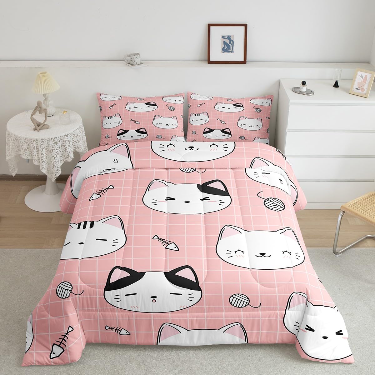 Erosebridal Girls Pink Cats Bedding Set Queen Black White Cat Head Comforter Set for Kids Boys,Cartoon Animal Doodle Down Comforter Lovely Pets Yarn Fish Quilt Duvet Set 2 Pillow Cases Bedroom Decor