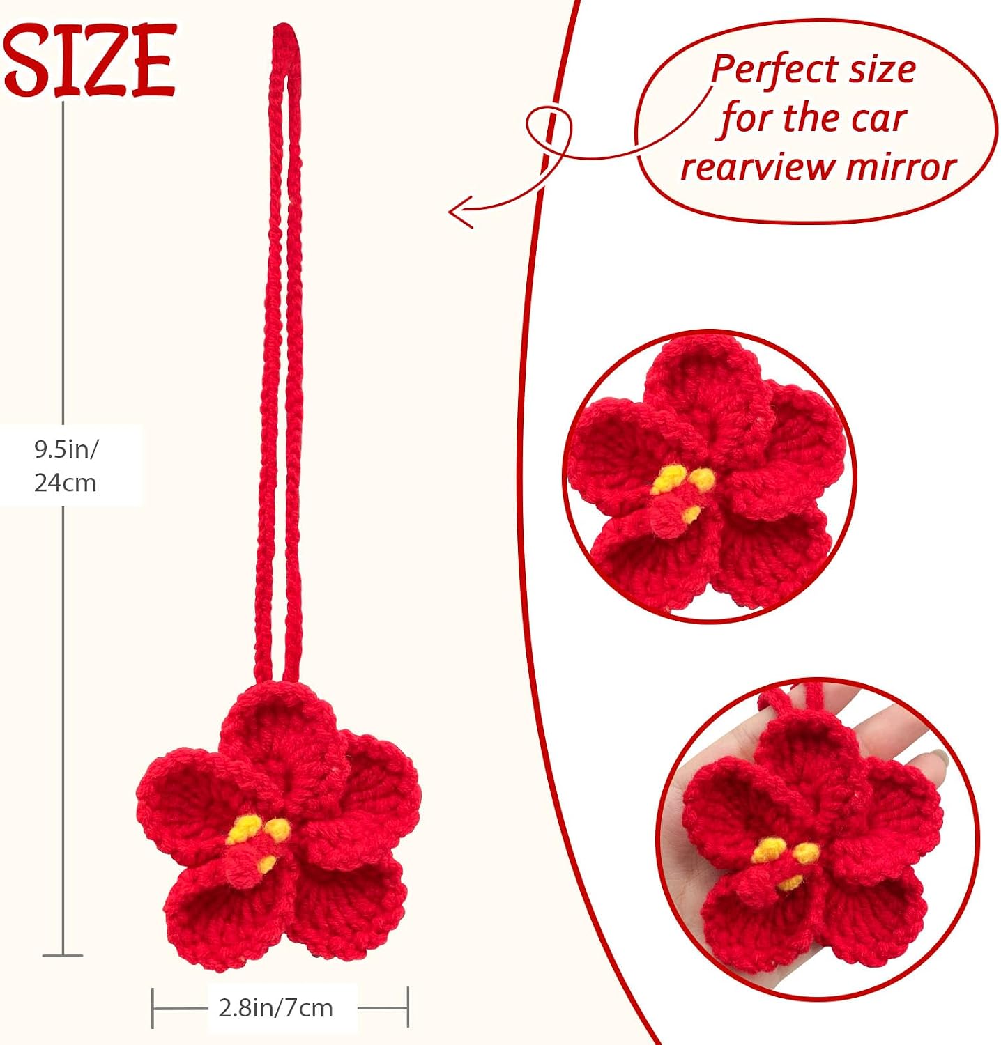 Crochet Hibiscus Flower, Car Rear View Mirror Hanging Ornament (Red) image 2