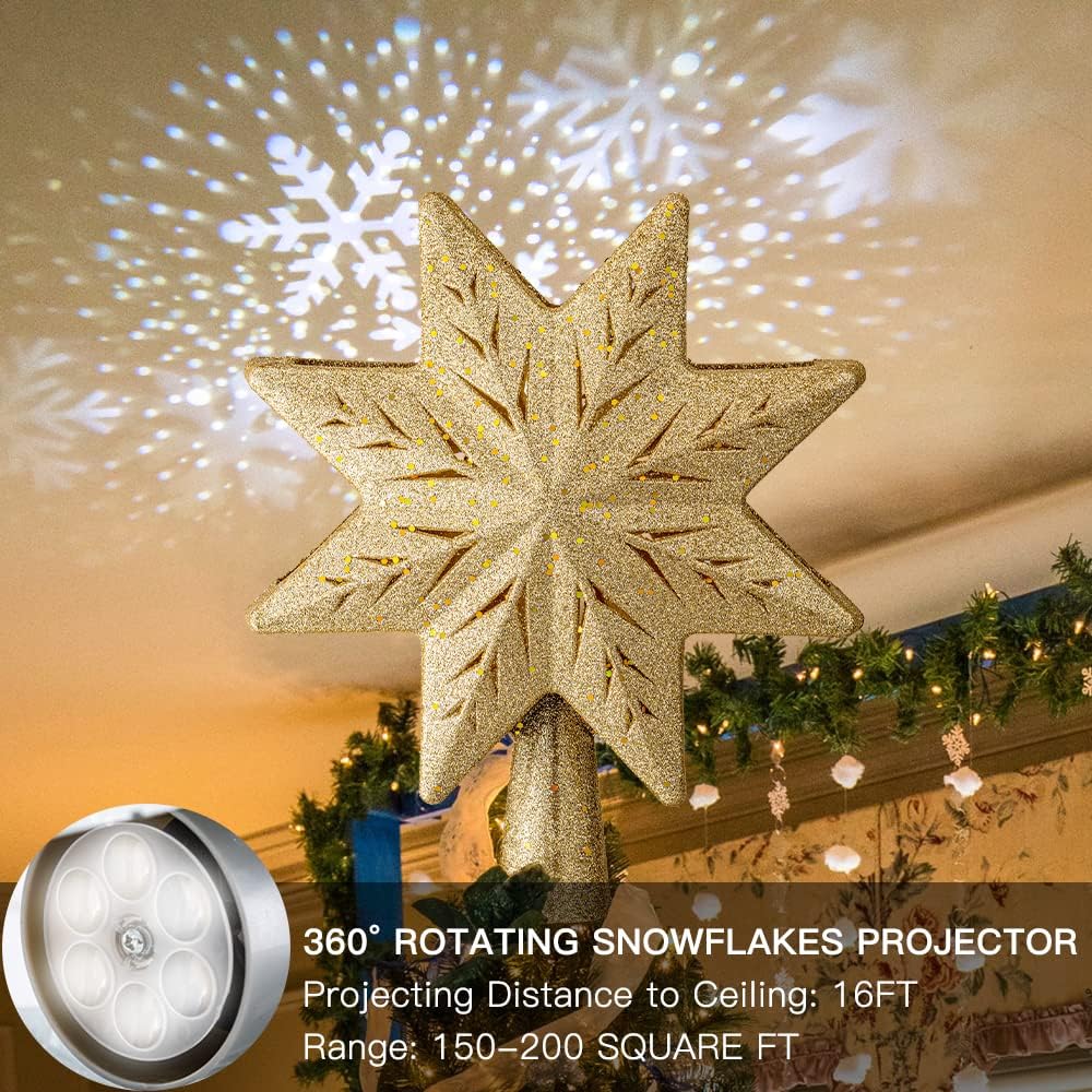 YEAHOME Christmas Star Tree Topper, Gold Christmas Tree Star Lighted Star Tree Topper with Snowflake Projector Lights Xmas Tree Topper for Christmas Tree Decorations