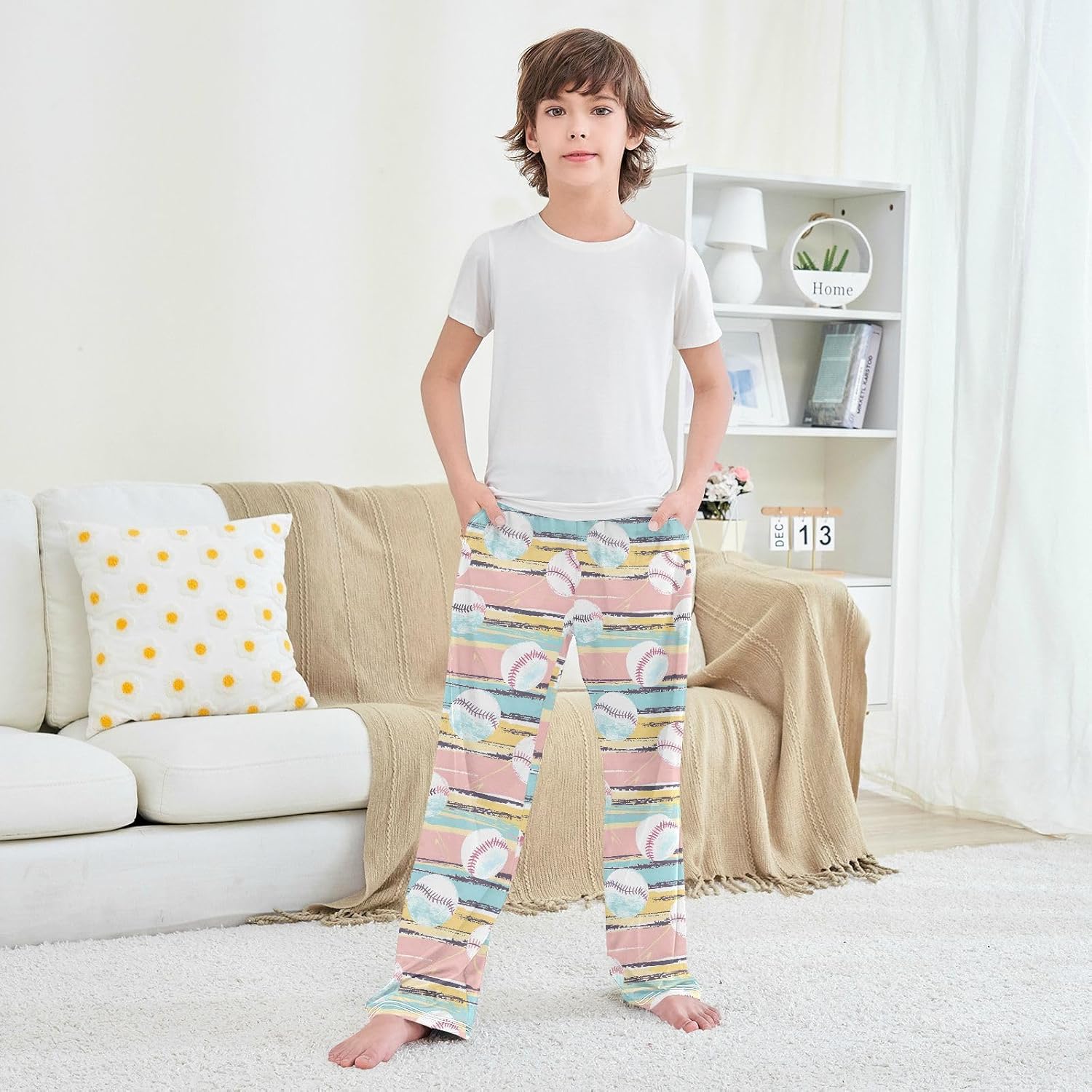 Pajama Pants Sleep Pants Soft Elastic Waist Pajama Lounge Pants Softball Theme for 6-14 Years Old
