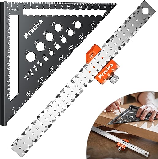 Carpenter's Square and Ruler Set, Precise 180 mm Gauge Metal Tool + 300 mm Wood Combination Square