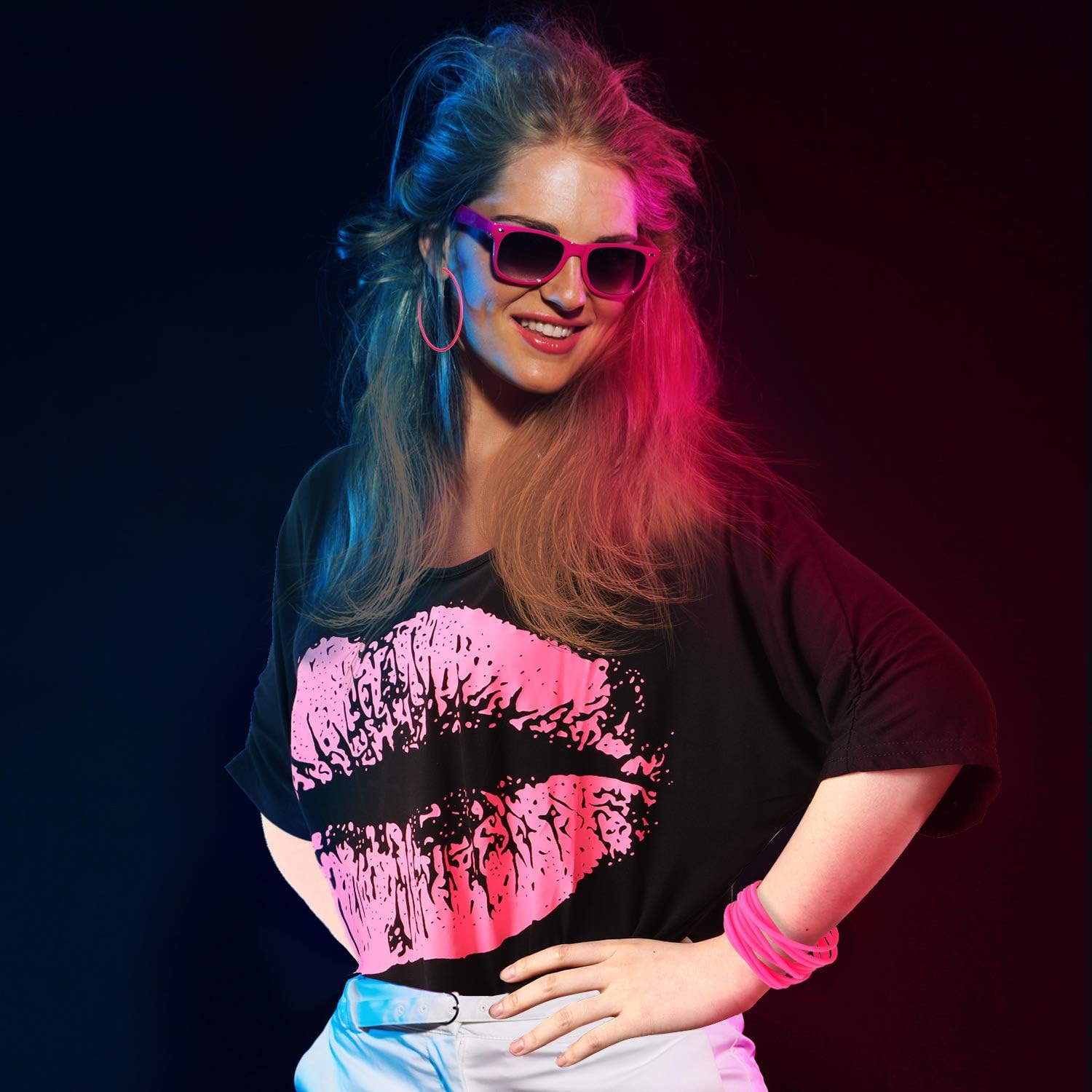 80s Costumes for Women, Lips Print T Shirt Lace Headband Earrings Necklace Bracelet for 80s Theme Party : Clothing, Shoes & Jewelry