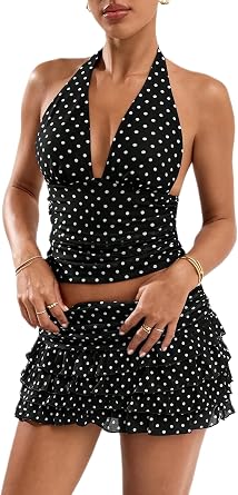 Franhais Polka Dot Shorts Sets Women 2 Piece Outfits Halter V Neck Backless Tank Top and Foldover Shorts Y2k Matching Set