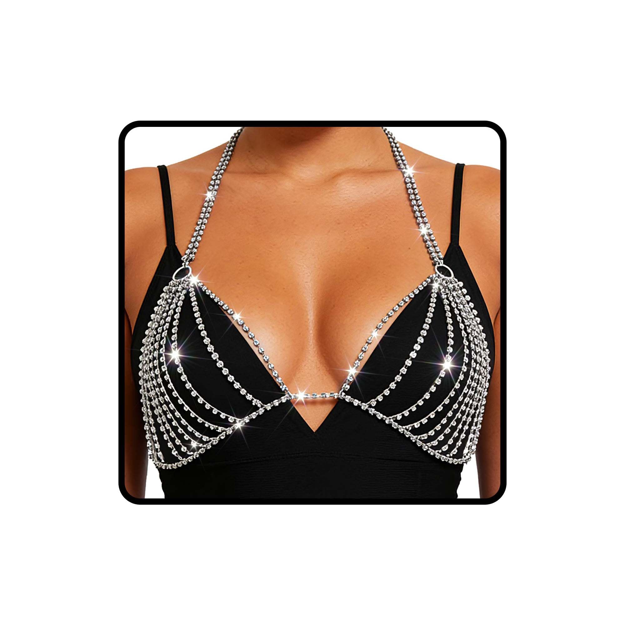 Sethain Boho Crystal Body Chain Sparkly Rhinestone Bikini Chest Chains Bra Nightclub Body Accessories Jewelry for Women (Silver)