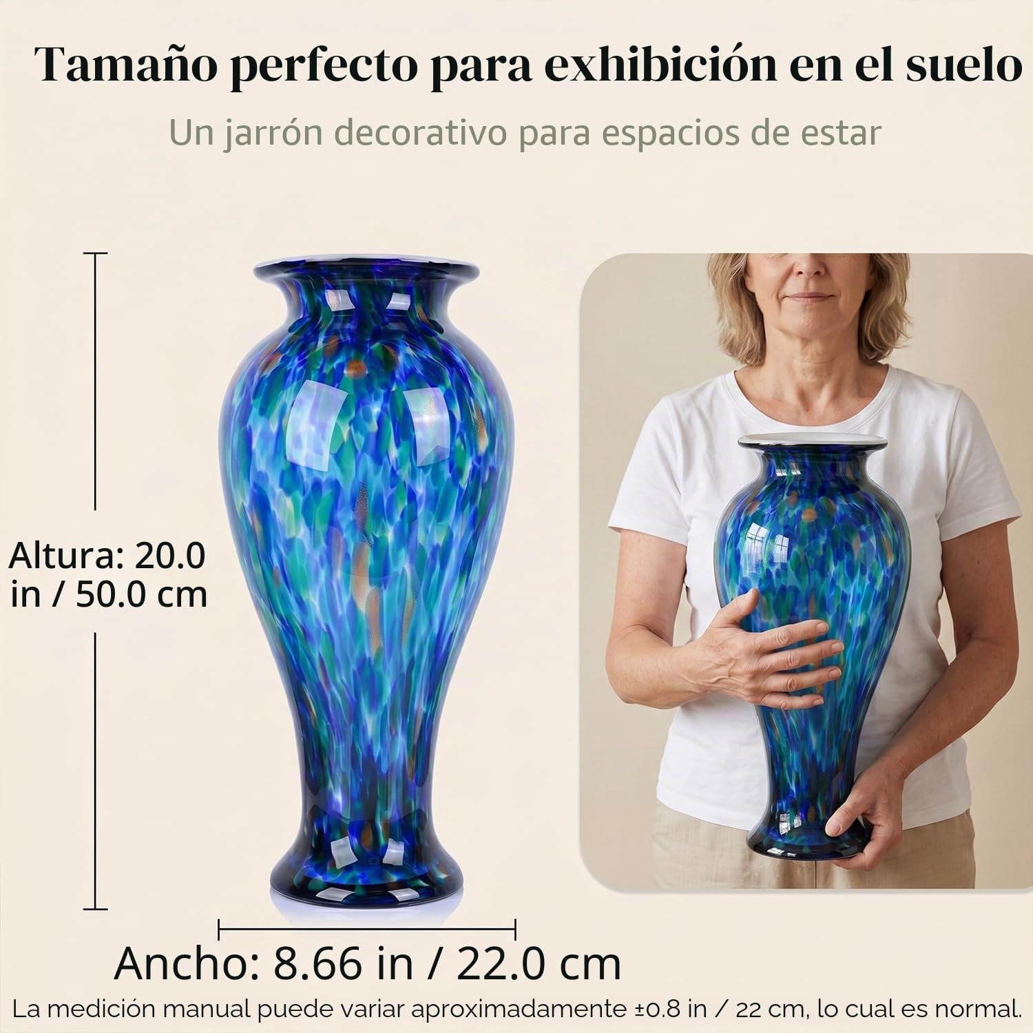 Jarrón de Vidrio Verde de 50 cm de Altura Soplado a Mano Jarrón Grande de Piso de Vidrio para Decoración del Hogar, Murano Moderno Jarrones de Flores Verdes Oscuros, Jarrones Grandes Elegantes para