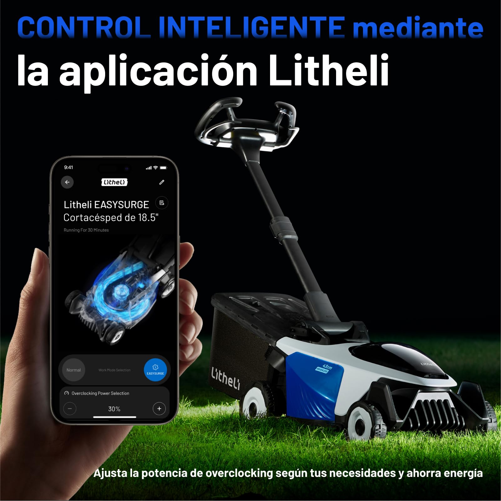 Litheli Easysurge Cortacésped Batería 43cm, Autopropulsado (2,2-4,7 km/h), 2X 20V 4,0Ah Baterías, Brushless, hasta 500 m², 50L Bolsa Recolectora, 25-75 mm, 6 Niveles de Altura de Corte