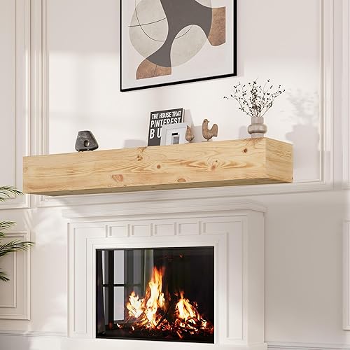 Miniatura 52 de Mantel de chimenea de 60 pulgadas, estante de mantel hecho a mano para sobre chimenea, mantel de madera con soporte invisible resistente, estantes