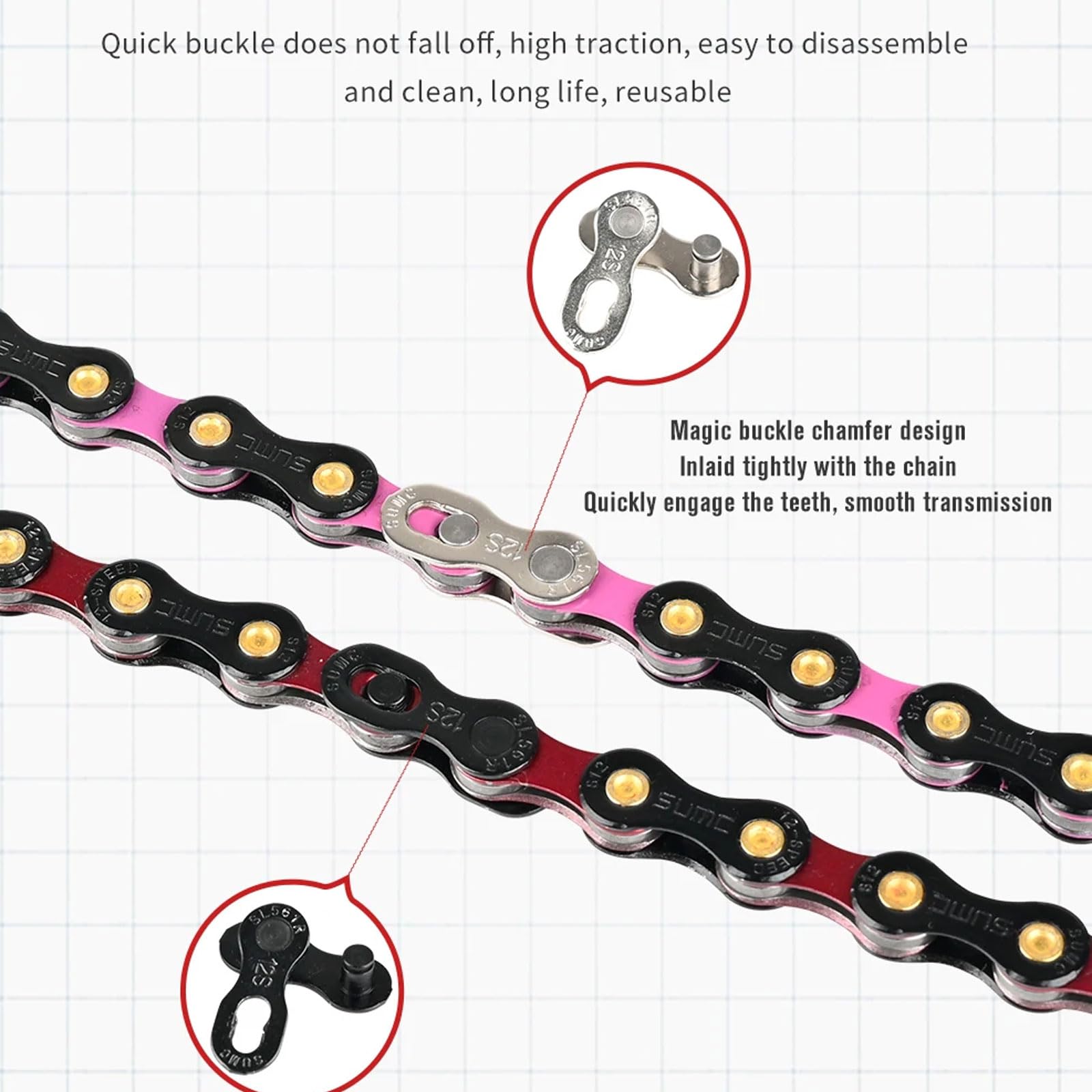 Catena for bici, ultraleggera 126L colorata, catena a 12 velocità, rivestimento simile al diamante, for mountain bike/bici da strada, nero rosso, non cava