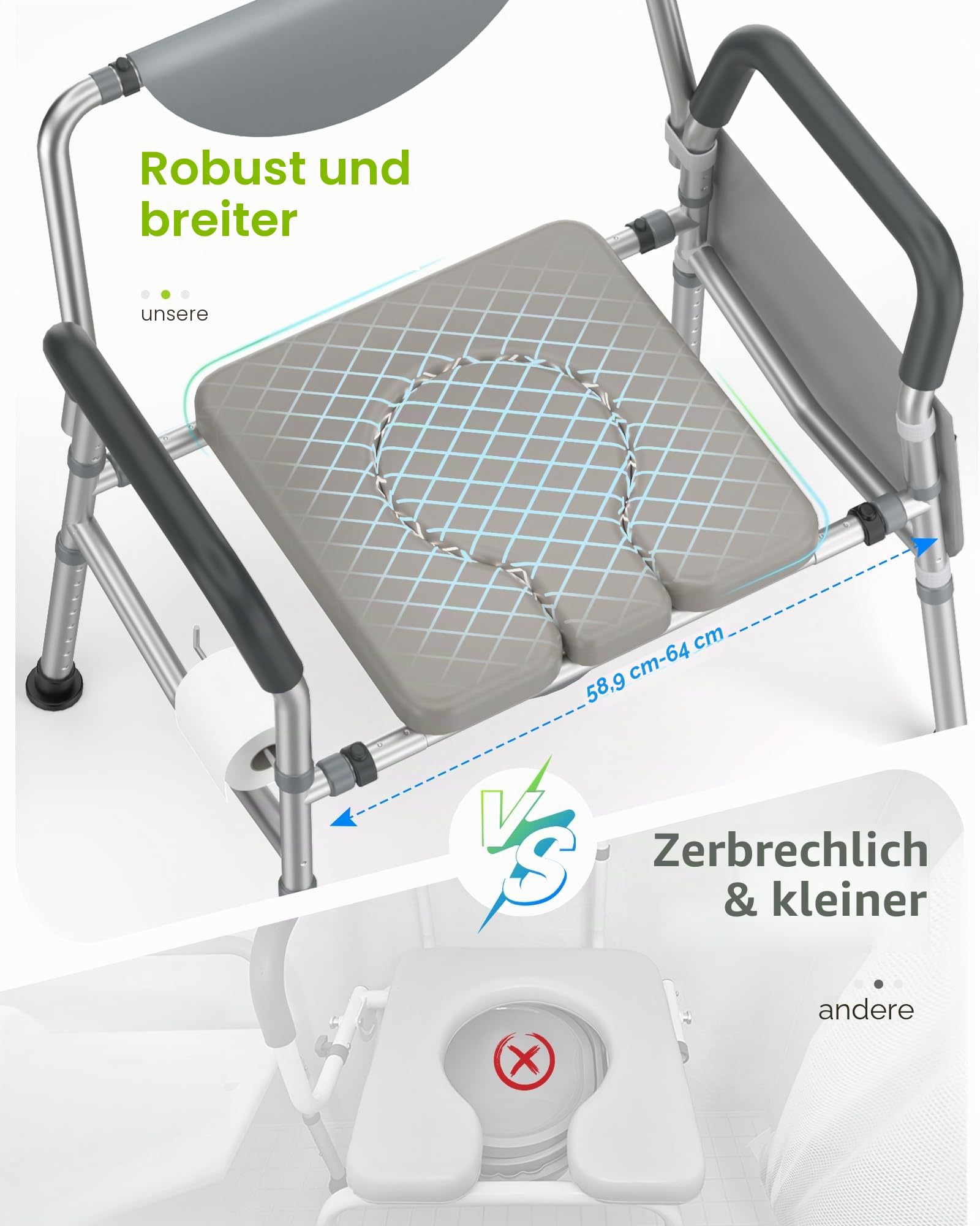 Heavy Duty Bariatric Commode, 4-in-1 Tragbare Nachtkommode oder Über-Toilettenstuhl, extra breit | Höhenverstellbar | Leicht zu reinigen, Handicap Toilettenstuhl für ältere Menschen mit