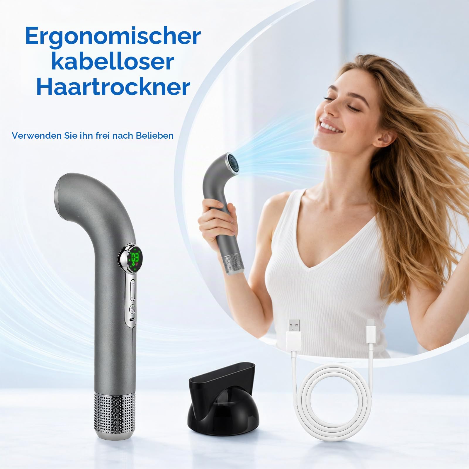 Kabelloser 300W Akku Haartrockner, Kabelloser Fön mit Akku, 4 Geschwindigkeiten & 3 Temperaturen Reisefön, 12600 mAh Reisefön Kabellos mit Bildschirm, Reiseföhn für Reisen, Camping
