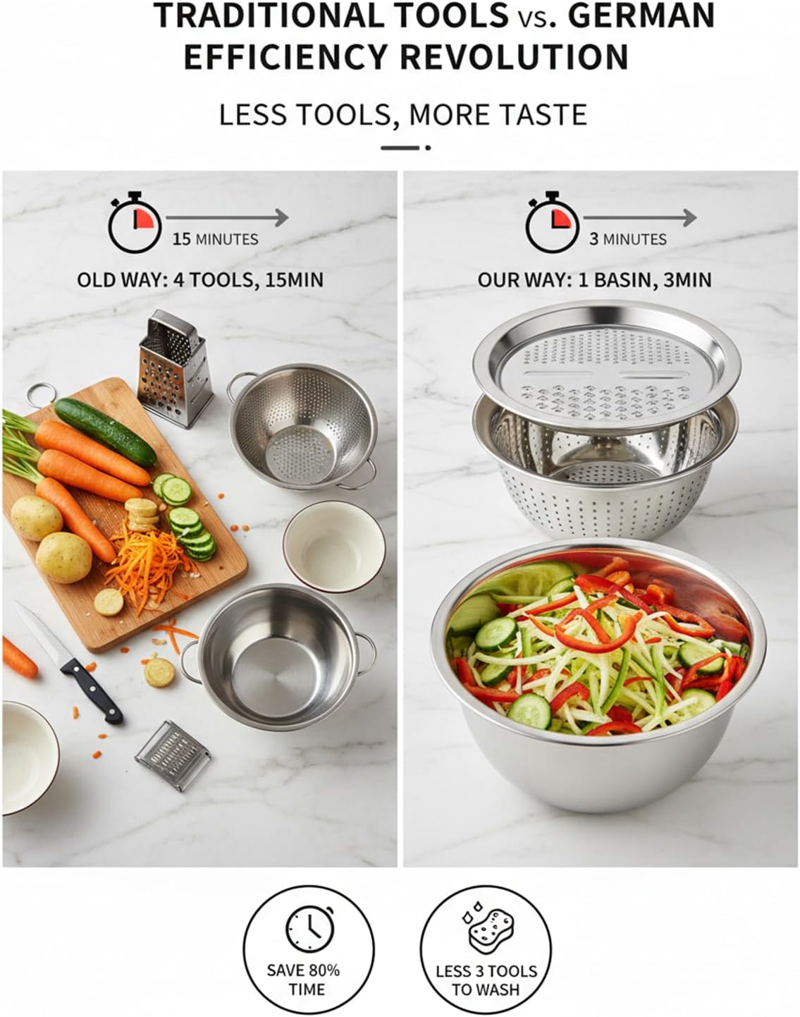 Germany Multifunctional Stainless Steel Basin, Metal Rice Rinser, Pasta Strainer for Kitchen, 5 in 1 Upgraded Vegetable Slicer, Professional Drain Basket, Shredding Chopping Mixing Bowl (11.81in)