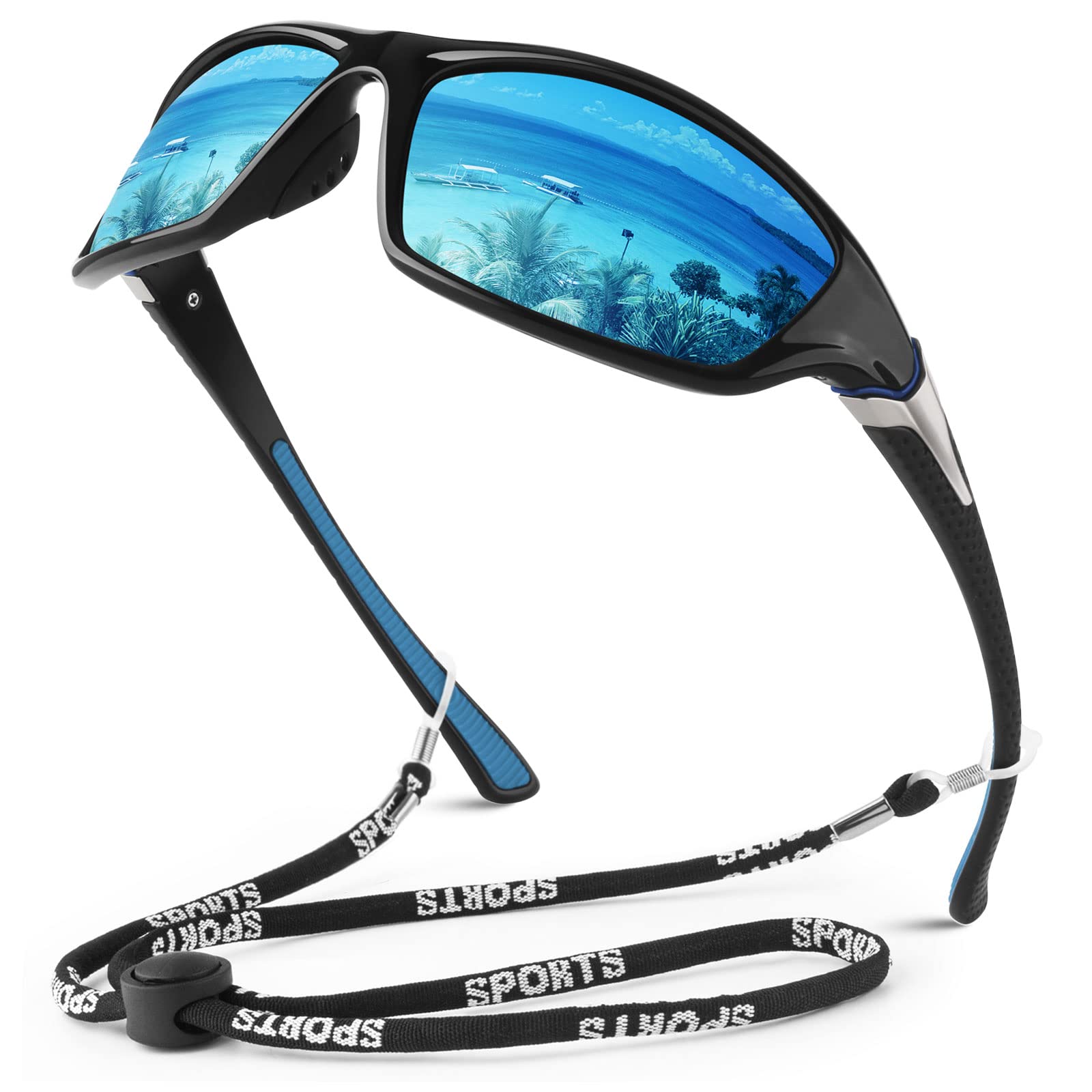 WEAROYO Polarized Sports Sunglasses for Men Women,Fishing Driving Rectangular Goggles UV400 Protection, C Black Blue Frame/Ice Blue Mirrored Lens, Medium