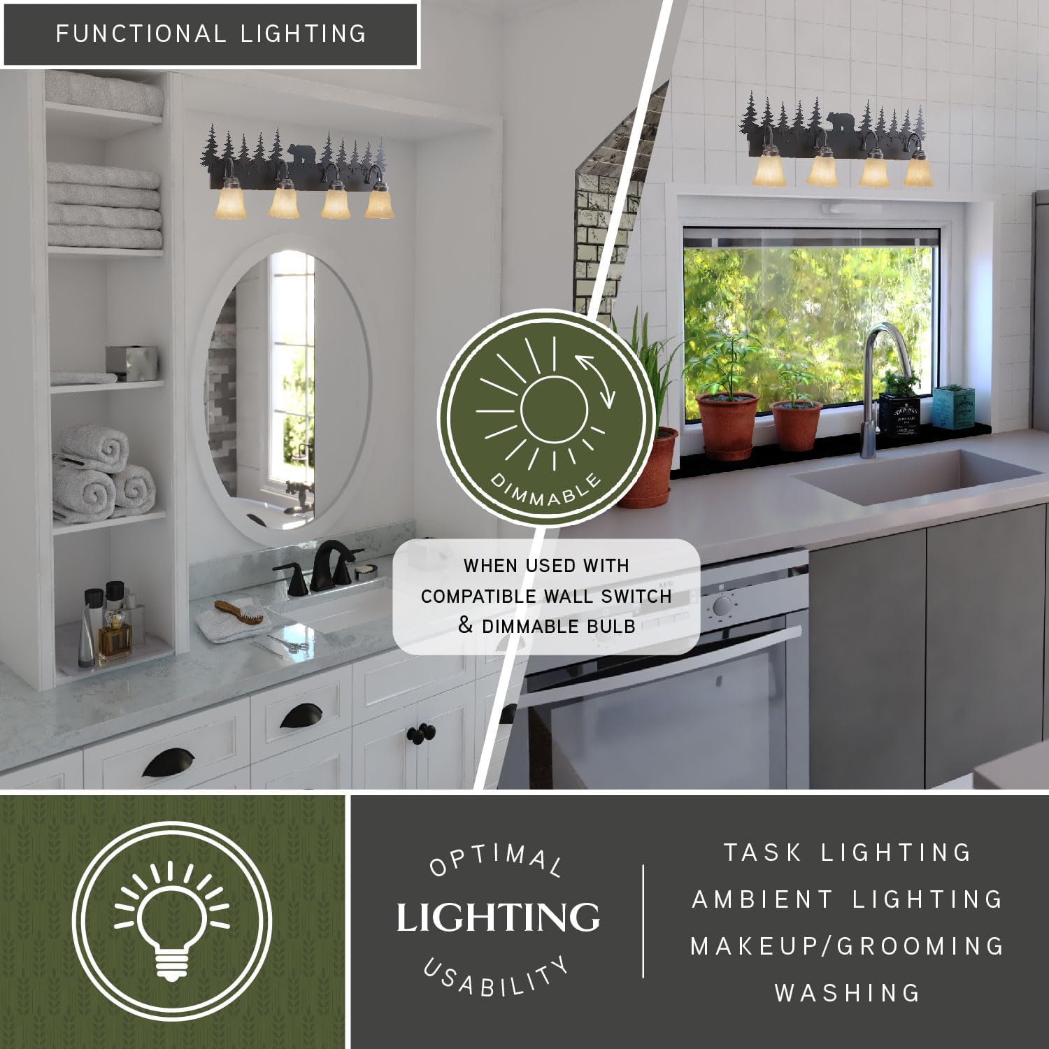 VAXCEL Bozeman 4-Light 33 inch Wide Burnished Bronze Rustic Cabin Bathroom Vanity Lighting Fixture, Amber Flake Glass Shade, Bear and Trees, Dimmable, LED Compatible, Over the Mirror Wall Mounted