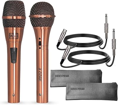 5 CORE Microphone Pair Dynamic Cardioid XLR Unidirectional Wired Mic w Built-in Pop Filter w High Gain Wide Frequency for On Stage & Studio Includes Cable + Clip + Bag