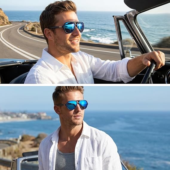 2 Pack Aviator Sunglasses For Men Polarized Lens Plastic Lightweight Double Bridge Frame UV Protection For Driving Matte Black Frame/Smoke Lens+Blue Frame/Blue Revo Lens