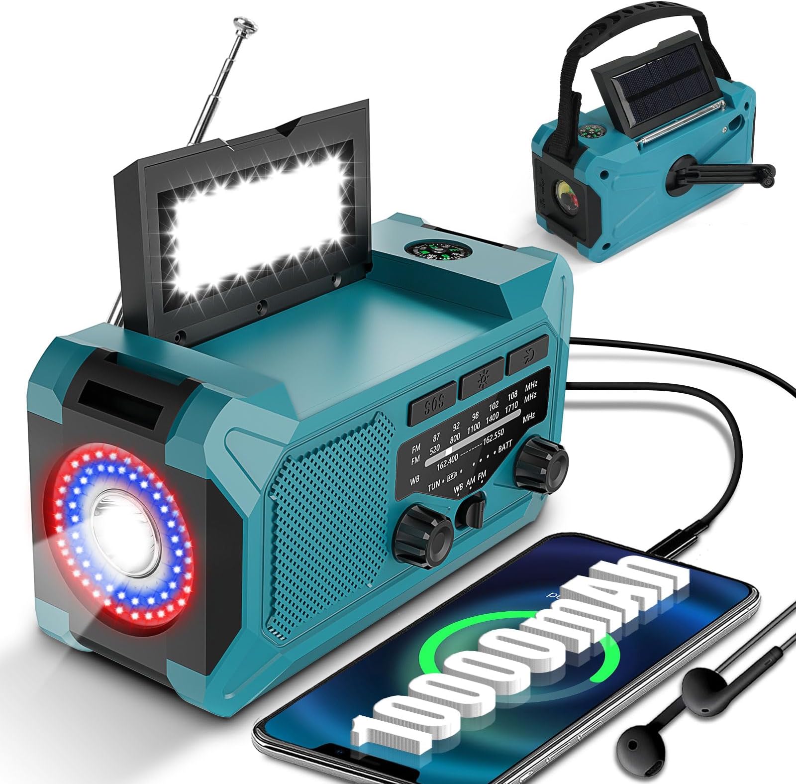 10000mAh Emergency Weather Radio with AM/FM/NOAA, Upgrade Solar Hand Crank Radio with Reading Lamp, Flashlight, Torch Light, SOS Alarm, Compass, Thermometer & Headphone Jack for Home Outdoor Survival