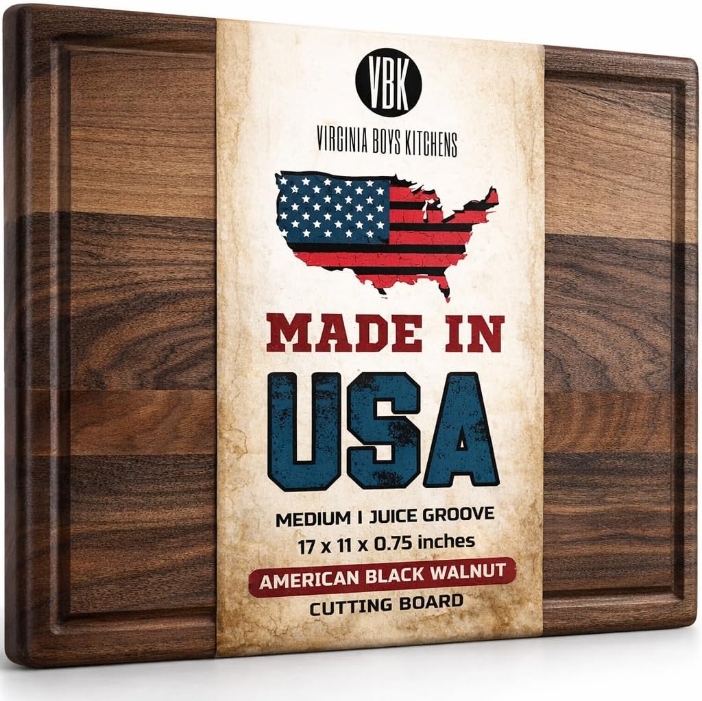 Virginia Boys Kitchens Black Walnut Wood Cutting Board - Made in USA Sustainable Hardwood Butcher Block with Juice Well (17x11)
