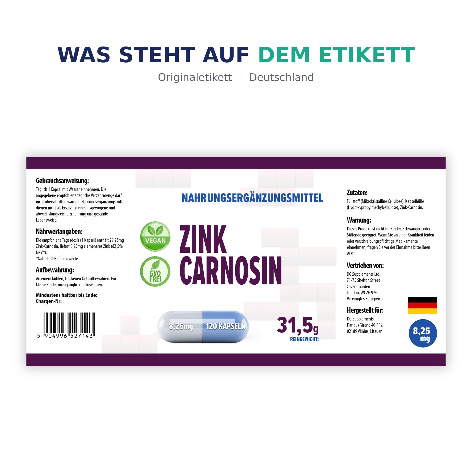Hepatica Zink-L-Carnosin 37,5 mg | 8,25 mg elementares Zink (83% NRV) | für Immunsystem & Zellschutz | 120 vegane Kapseln | von unabhängigem Labor geprüft