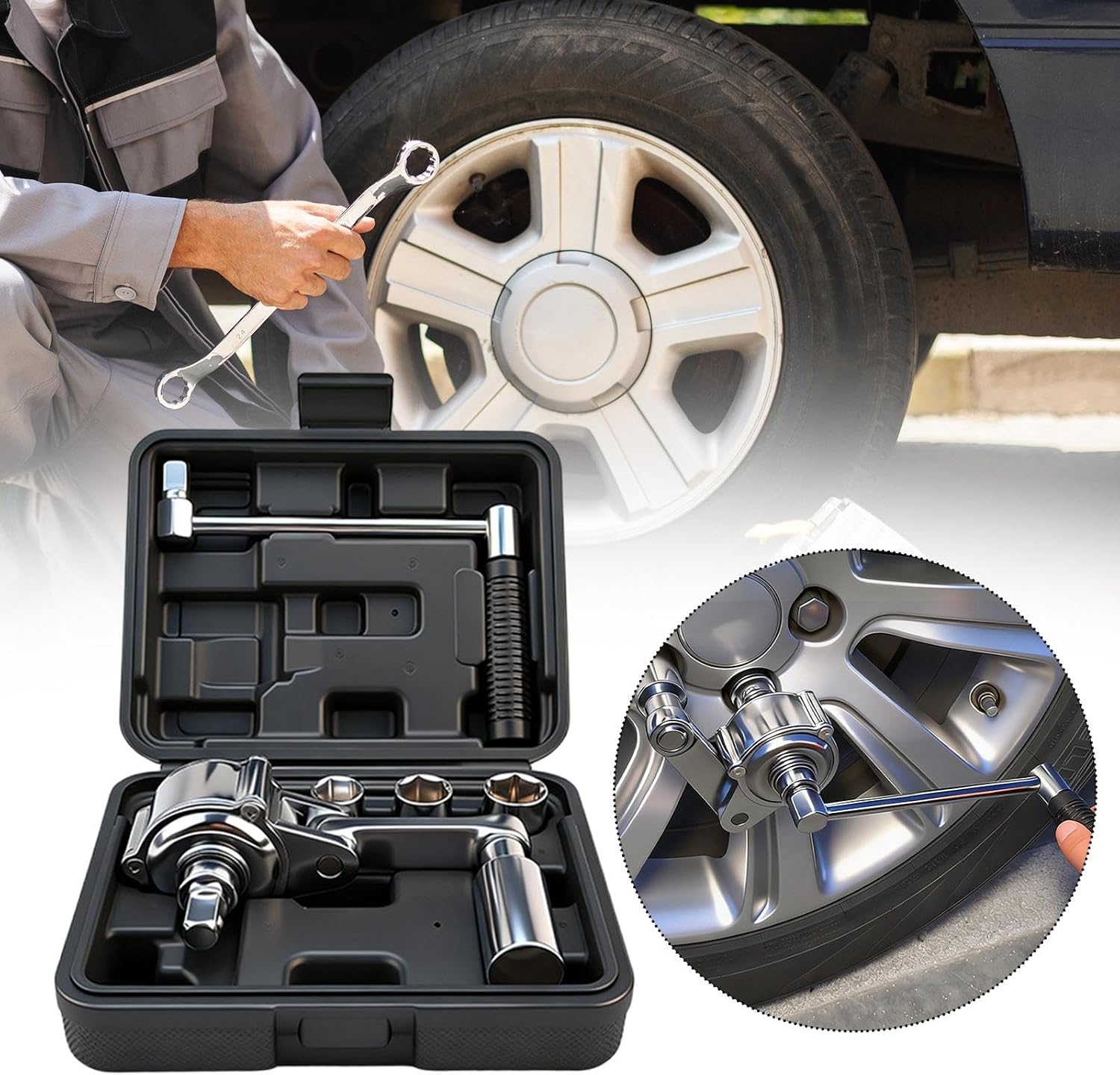 Torsional Multiplier Wrench Tire Lug Nut Remover Heavy Duty Hand Wrench Kit Steel Construction Long Handle with Storage Box Suitable for Vehicle Tire, 3 Sockets