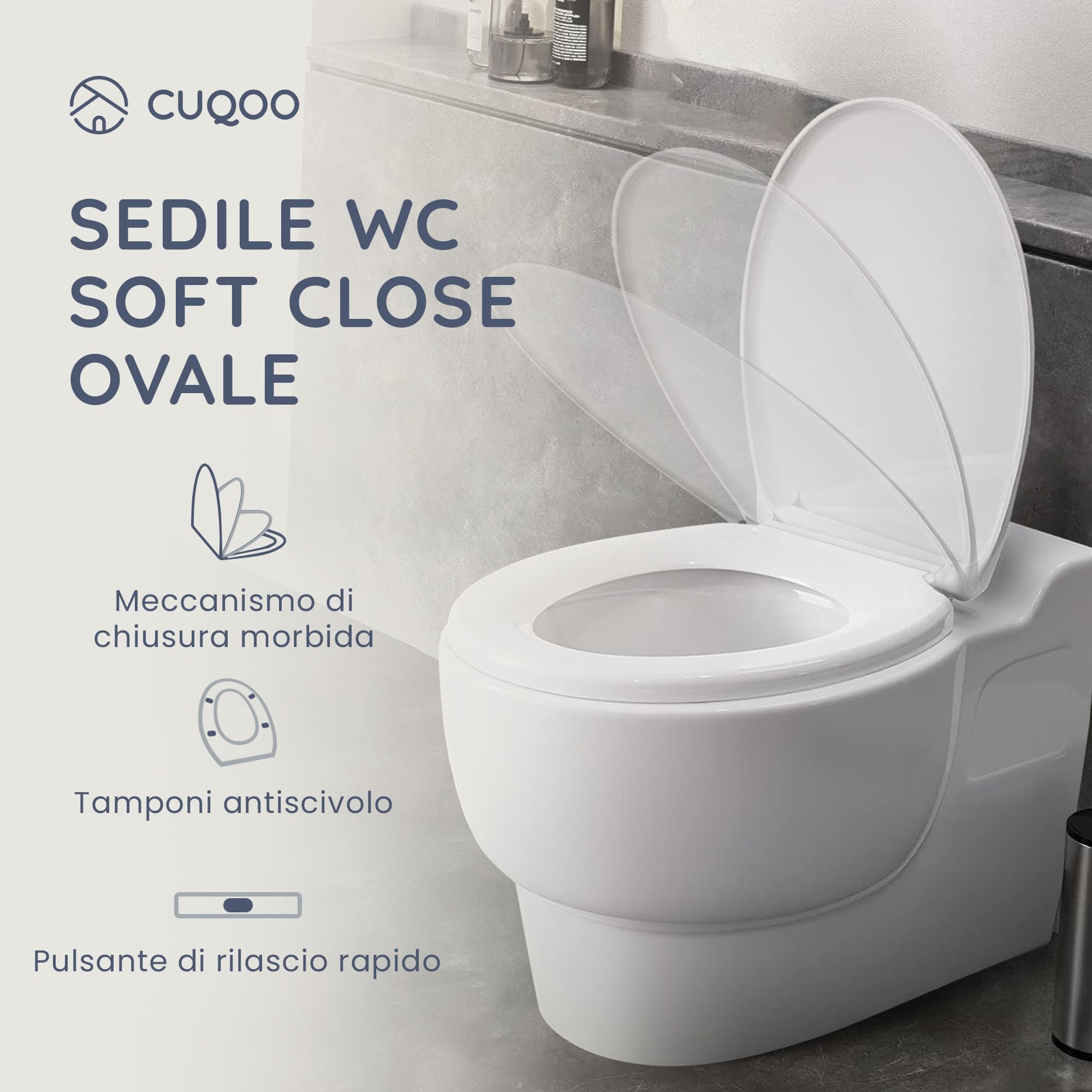 CUQOO Sedile WC ovale con chiusura rallentata, a sgancio rapido, a forma di O, chiusura rallentata, con cerniere regolabili (comfort classico)