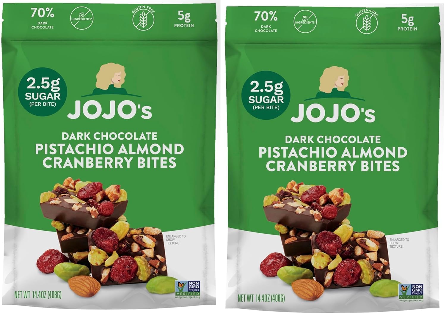 JoJos Dark Chocolate, Pistachio Almond, Dried Cranberries, 14.02 OZ (pack of 2)