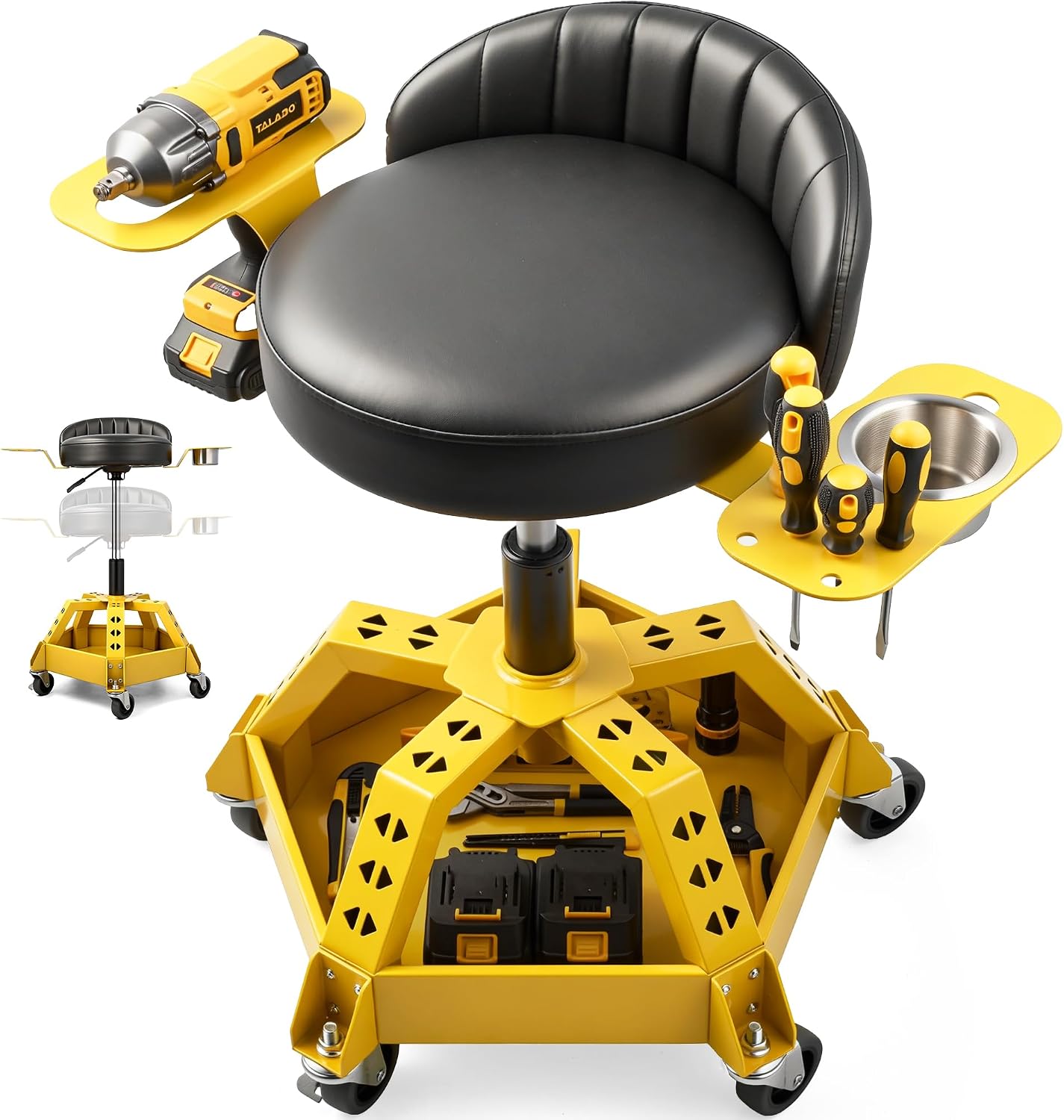 Rolling Shop Stool with Wheels, Adjustable Garage Stool Seat with Backrest, Heavy Duty Padded Mechanic Stool Chair with Tool Tray Storage, 360° Swivel, 330 Lbs Capacity