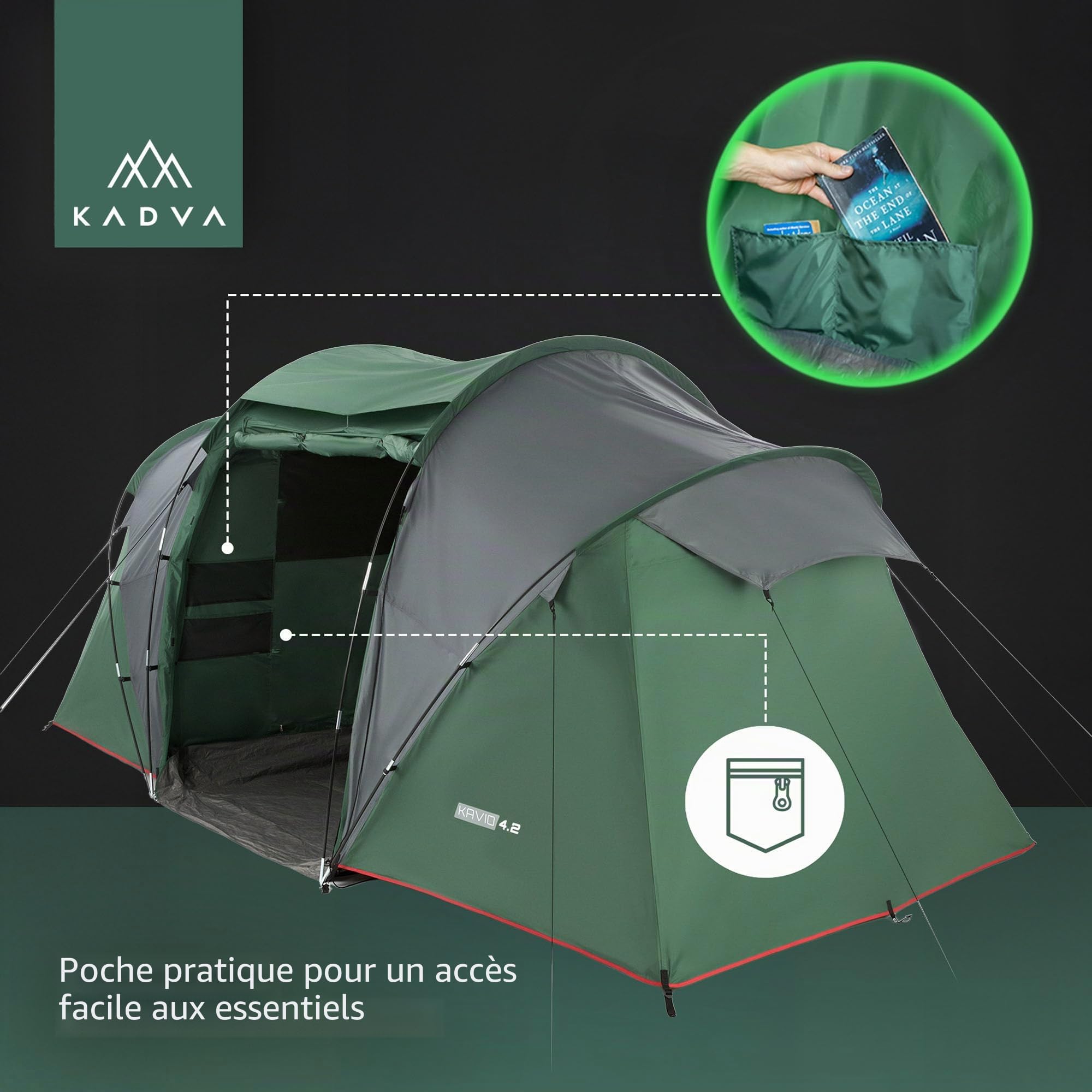 KADVA Tente Kavio 4.2 | Tente pour 4 Personnes avec 2 Chambres à Coucher | Grande entrée avec éclairage | Étanchéité 2000 mm | Moustiquaire | Cadre extérieur Stable | Compact (68 × 30 cm, 11,96 kg)